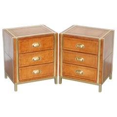 Pair of Luxury Brown Leather, Brass Framed Bedside / Side Table Chest of Drawers