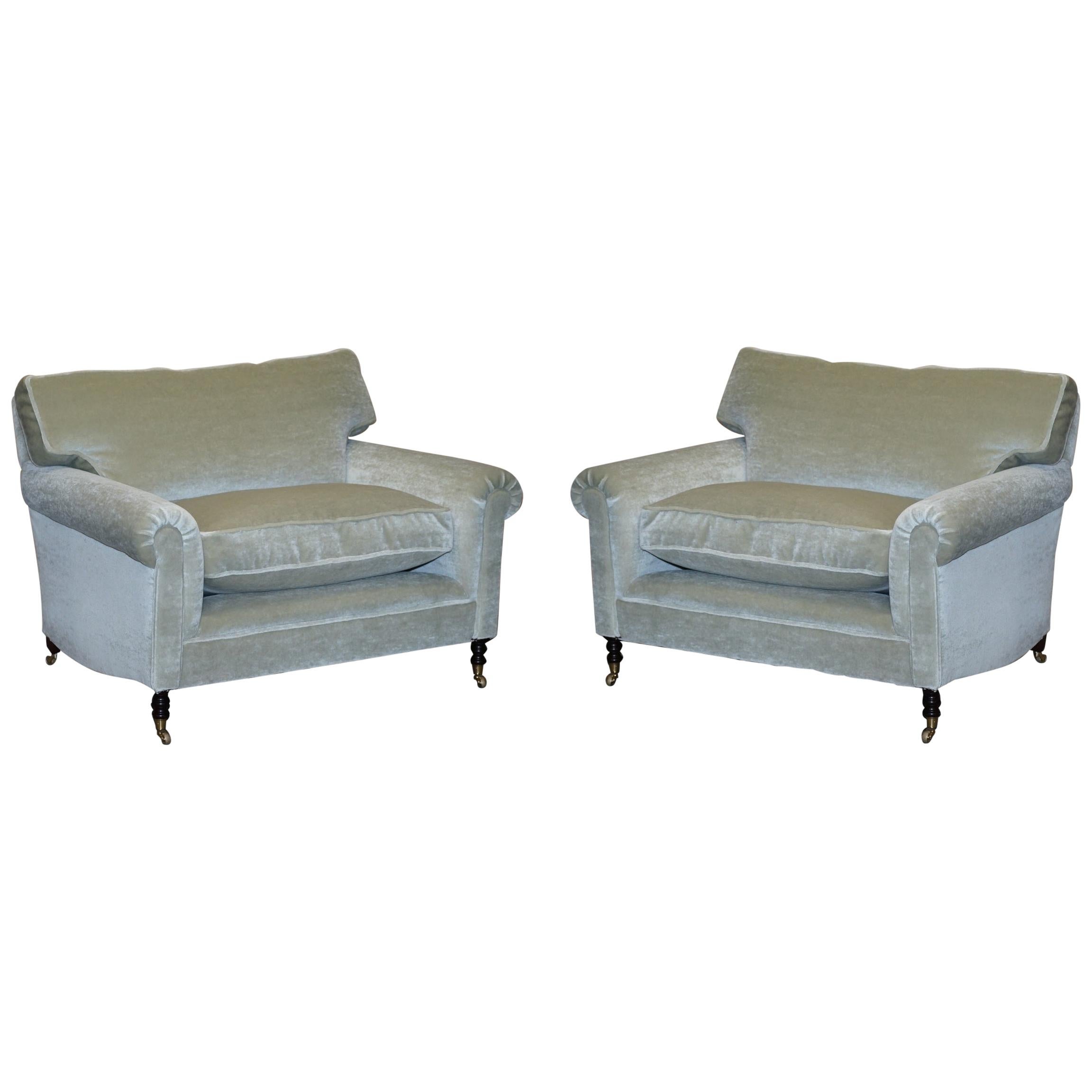 Pair of Luxury George Smith Signature Mohair Silk Velvet Love Seat Armchairs