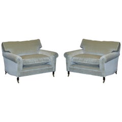 Vintage Pair of Luxury George Smith Signature Mohair Silk Velvet Love Seat Armchairs