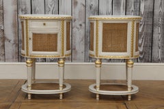 Pair of LXV style Hand Carved Bedside Tables in Old White and Gold