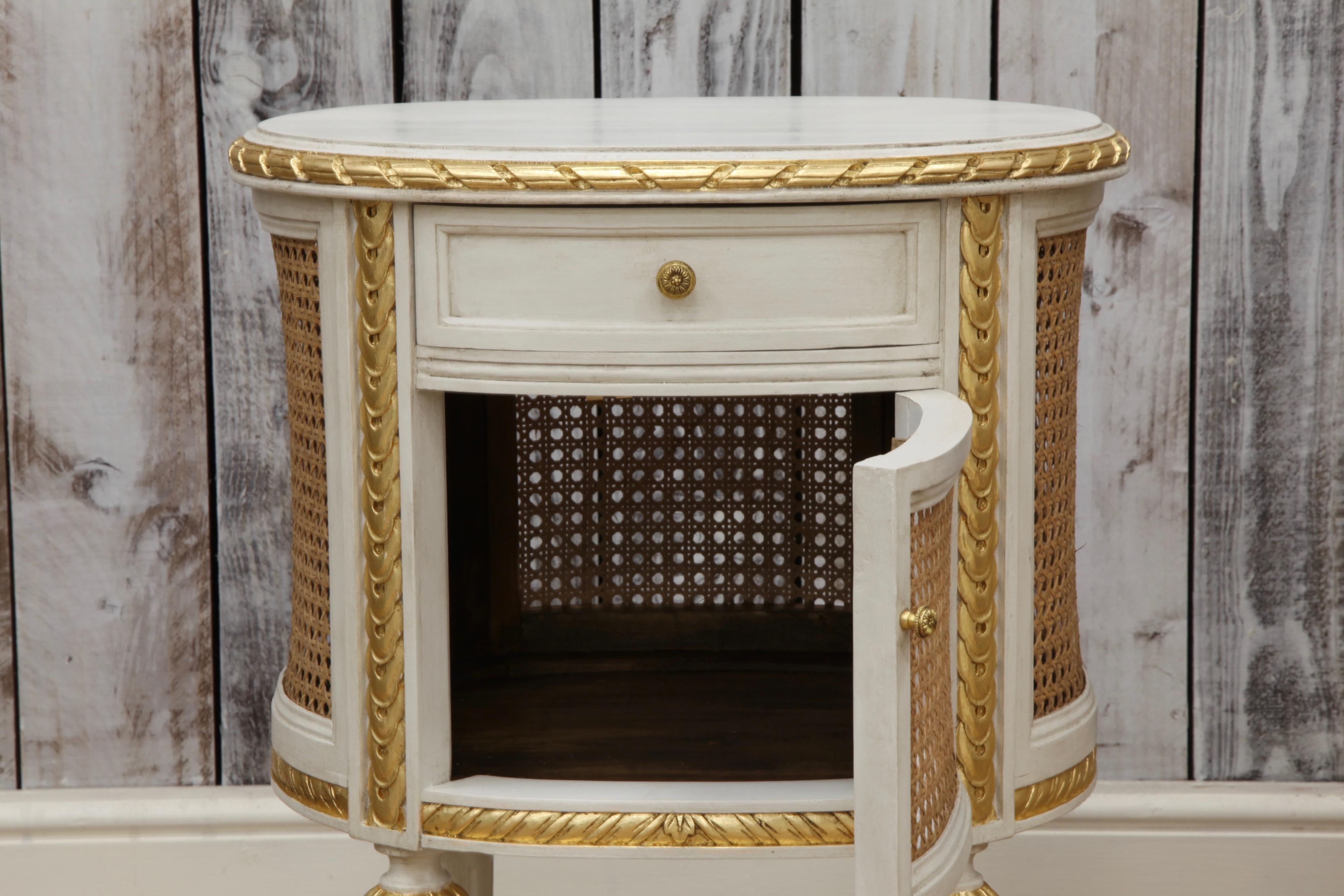 Louis XVI Pair of LXV style Hand Carved Bedside Tables in Old White and Gold