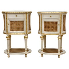 Pair of LXV style Hand Carved Bedside Tables in Old White and Gold