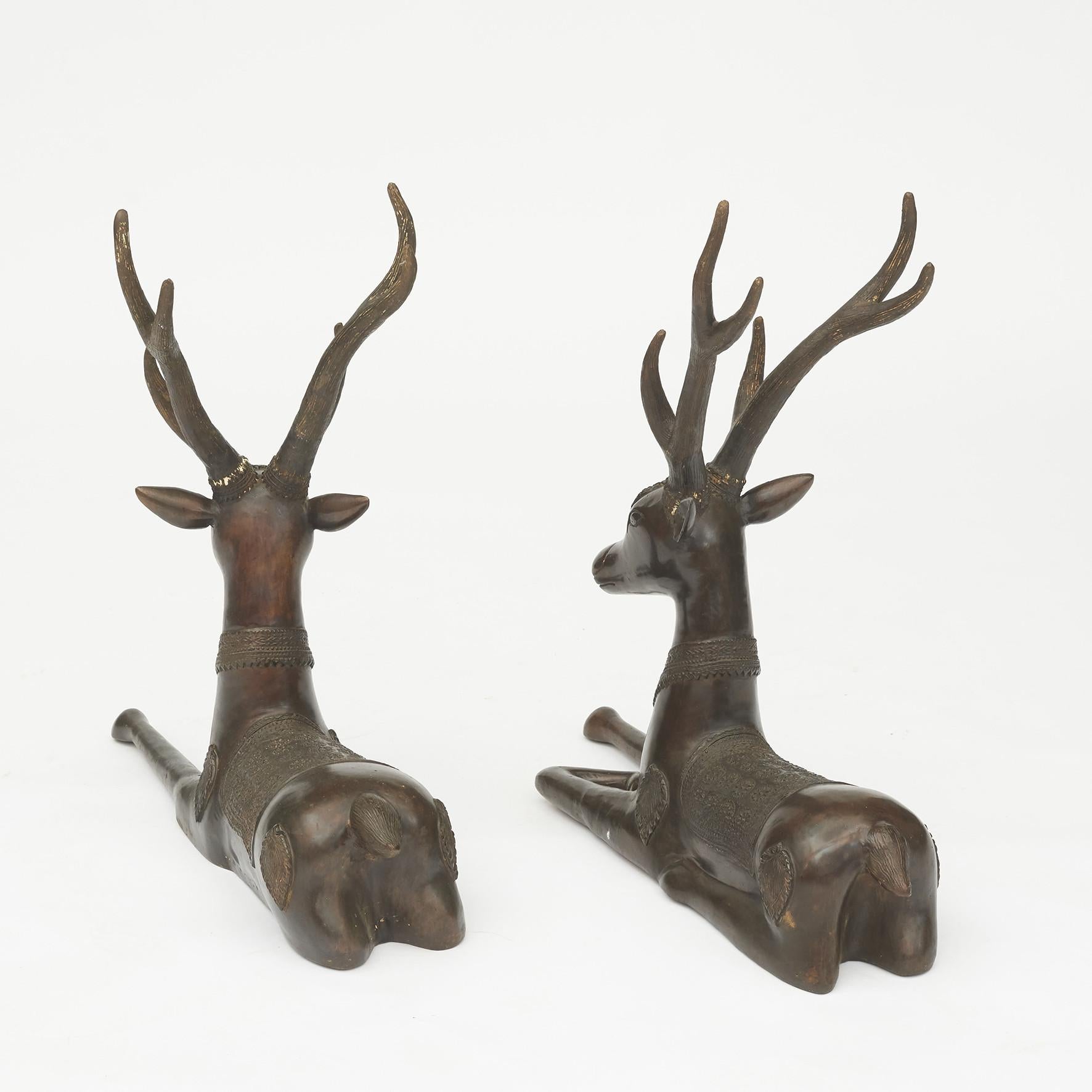 Thai Pair of Lying Deer Sculptures