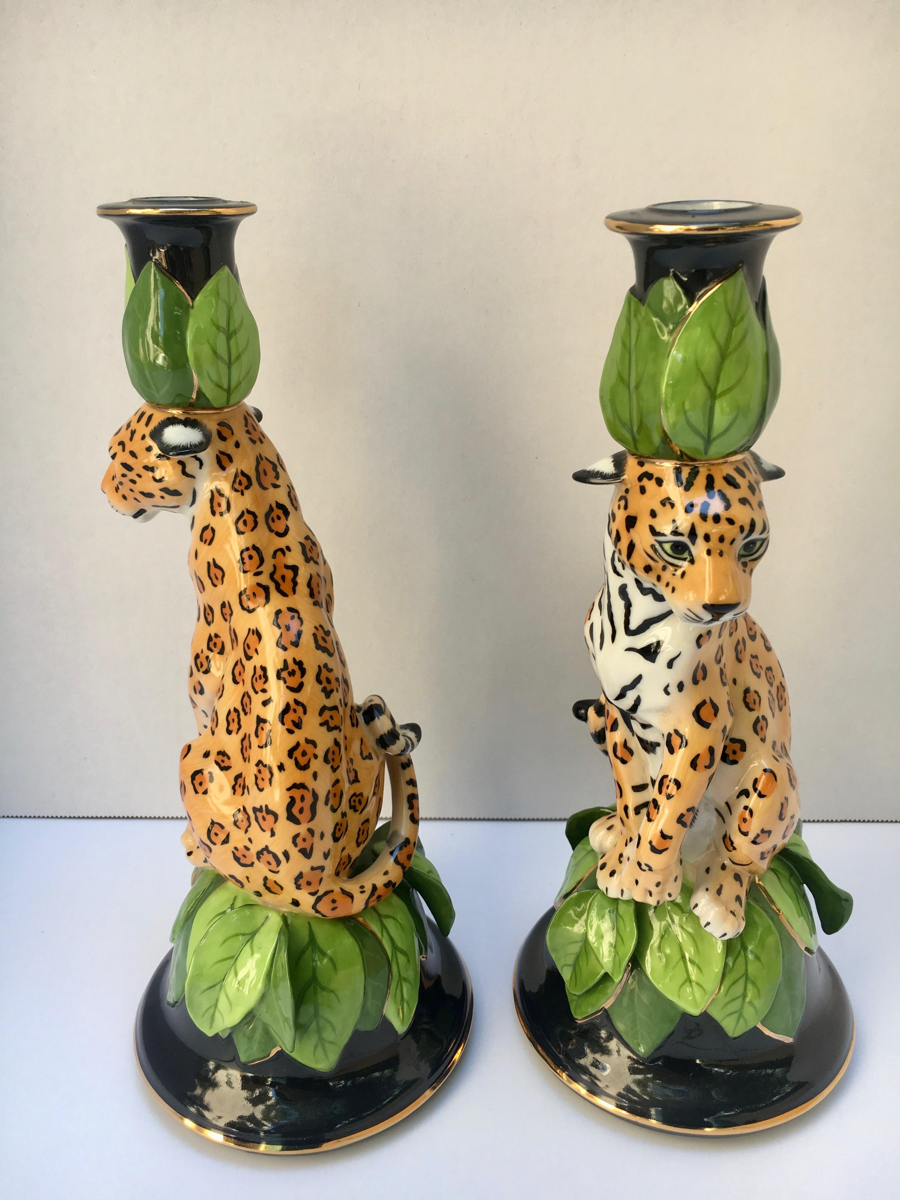Pair of Lynn Chase Jaguar jungle candle sticks. The pair are in perfect condition and ready to go with our Lynn Chase dinnerware and accessories. Please ask us about the entire 12 piece collection.
