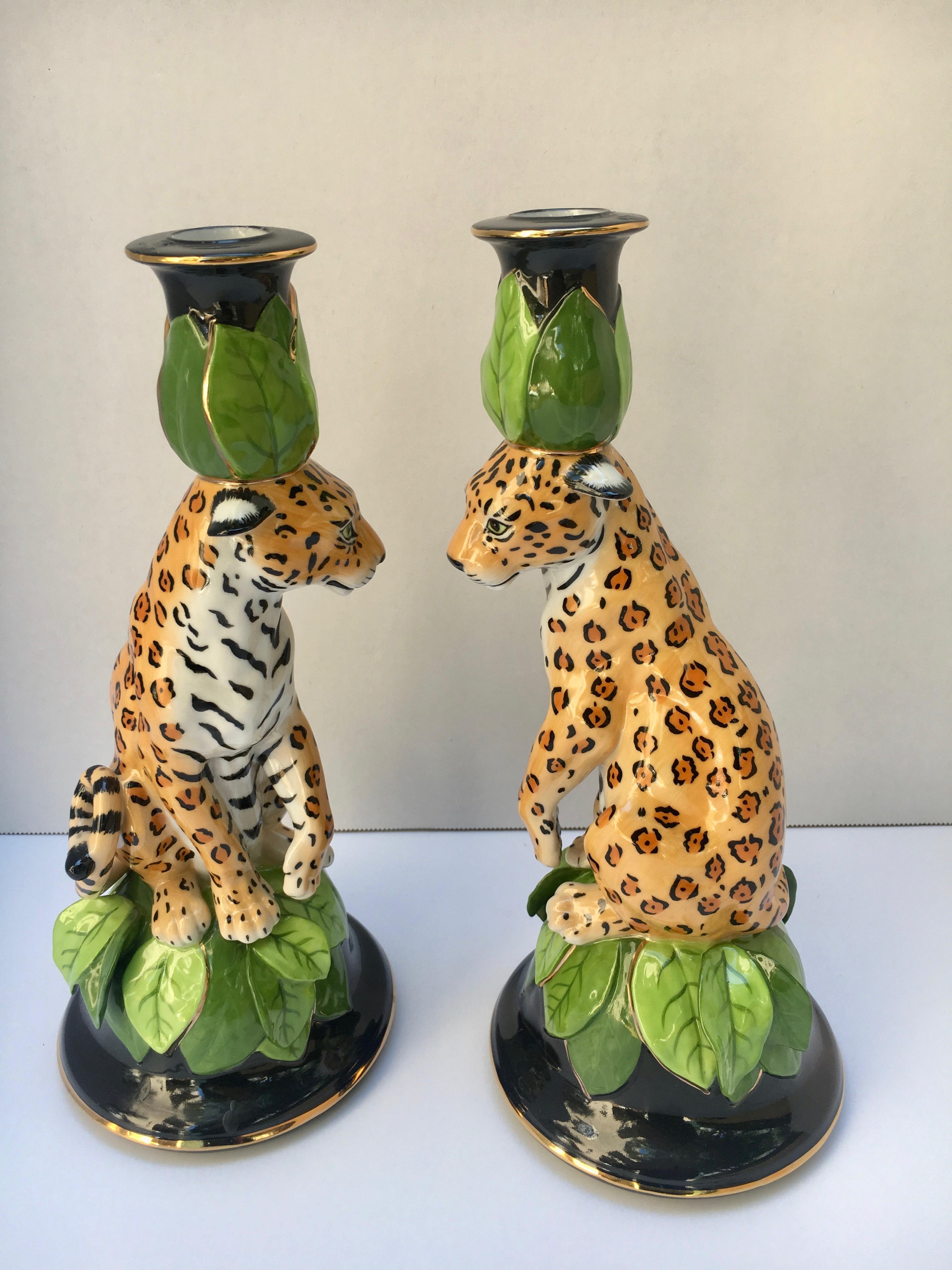 Modern Pair of Lynn Chase Jaguar Jungle Candle Sticks