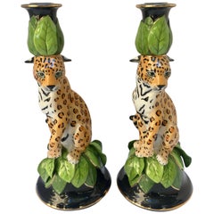 Pair of Lynn Chase Jaguar Jungle Candle Sticks