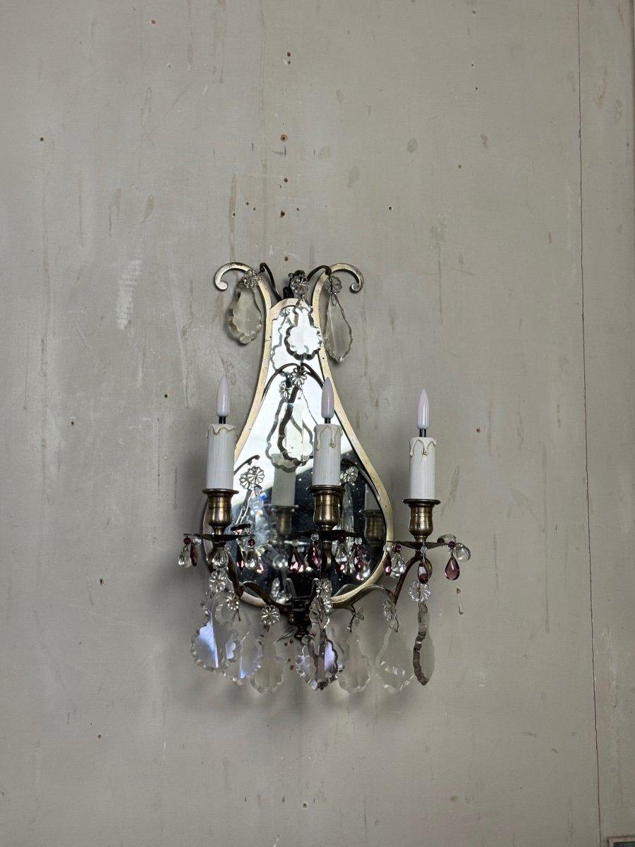 Cristal Paire d'appliques en forme de lyre, métal argenté et cristaux taillés vers 1900 en vente