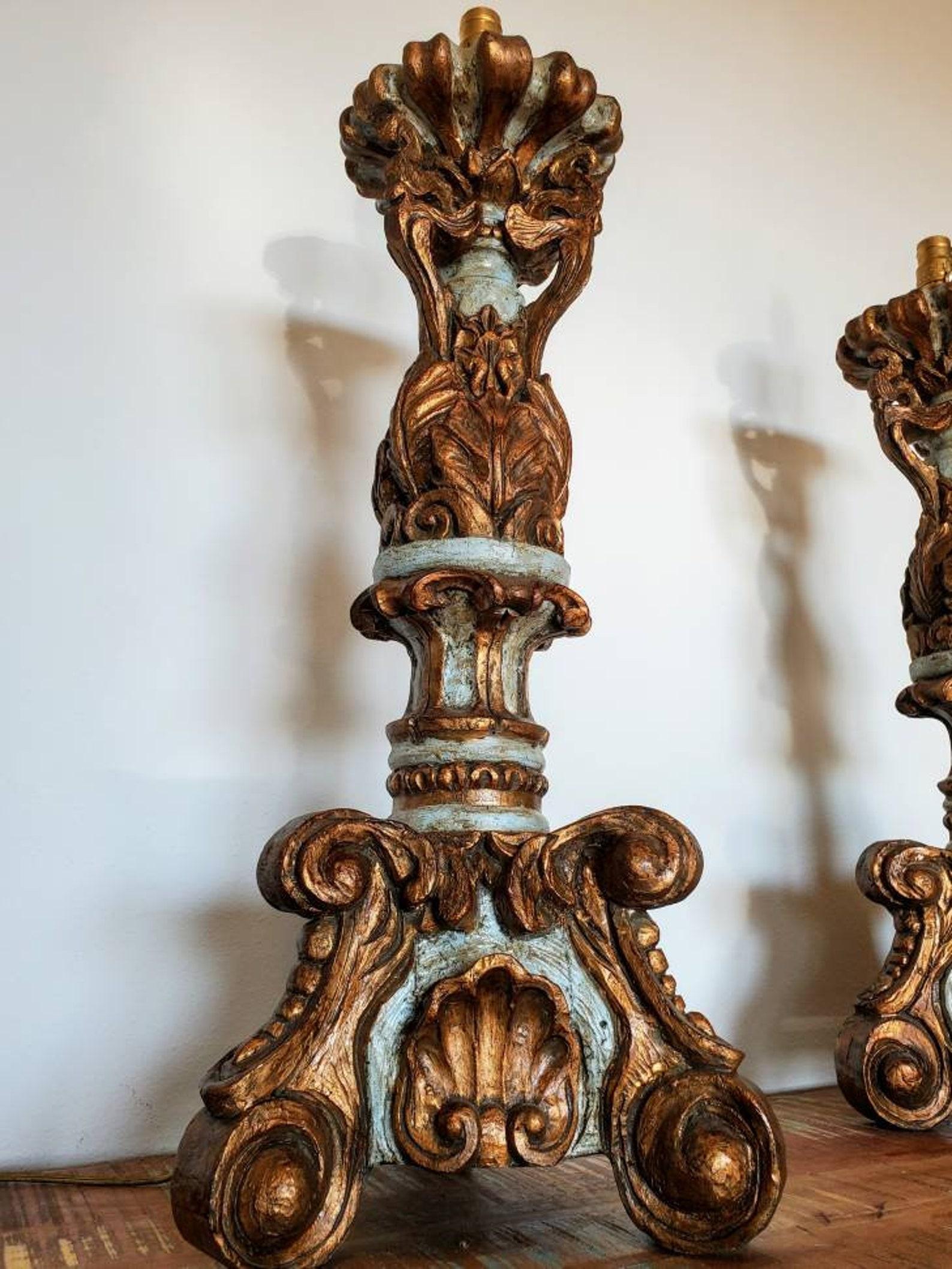 Gilt Pair of MAC Sculpture Italian Baroque Altar Candlestick Table Lamps For Sale