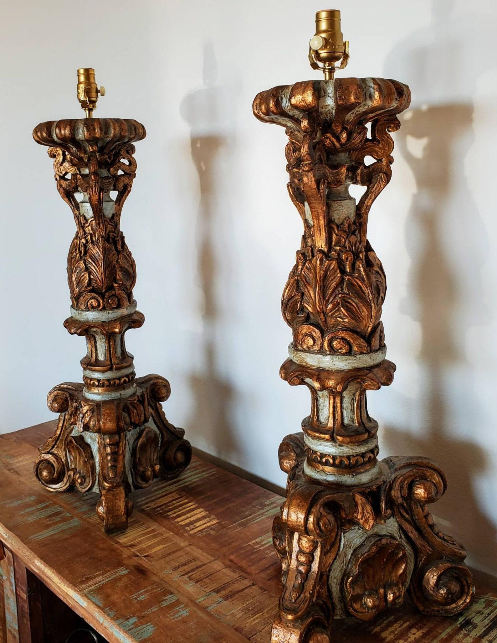Pair of MAC Sculpture Italian Baroque Altar Candlestick Table Lamps In Good Condition For Sale In Forney, TX