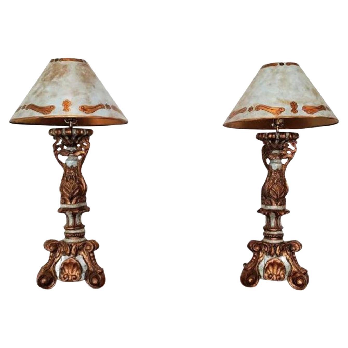 Paire de lampes de bureau sculptées MAC en forme de bougeoirs d'autel baroques italiens