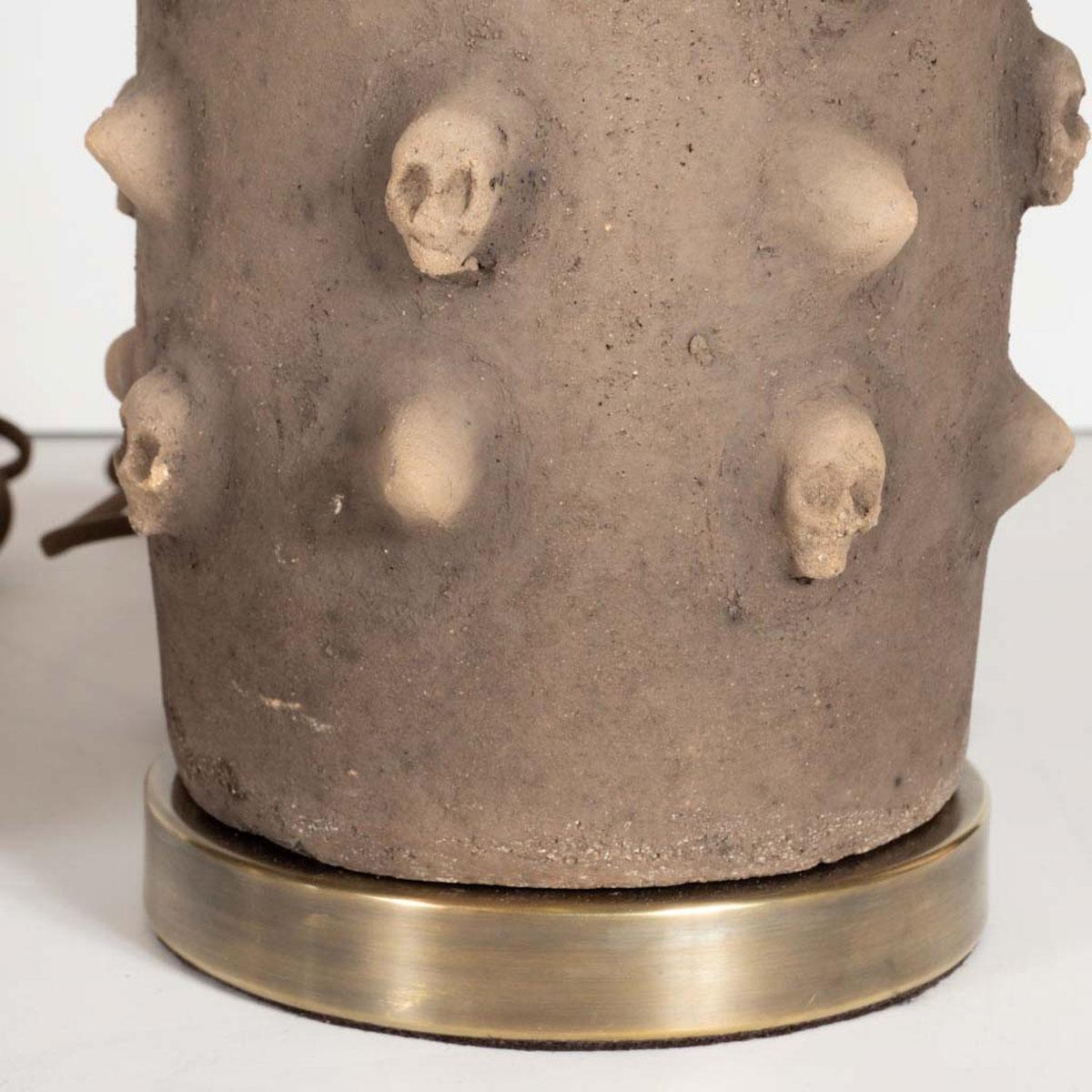 Brass Pair of Macabre Ceramic Skull Motif Table Lamps For Sale