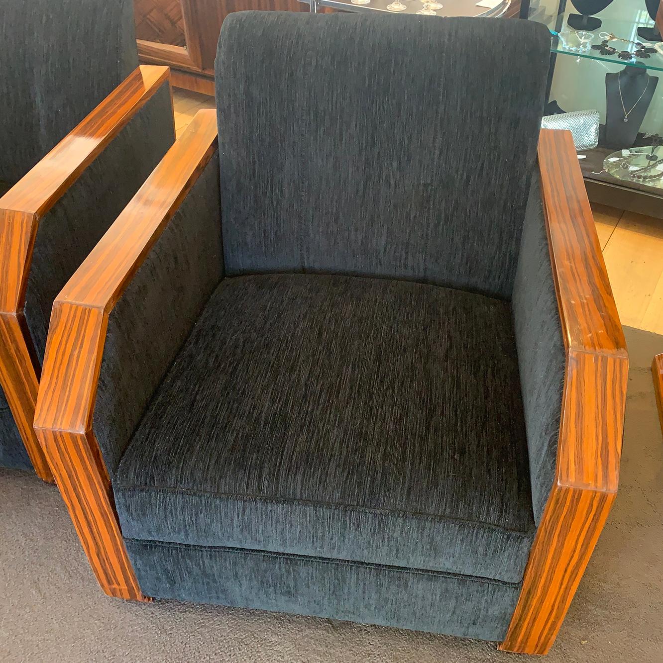 Art Deco pair armchairs in Macassar wood with glazed finish. Reupholstered in black commercial quality, textured Velvet, very close to original fabric. Excellent presentation with a soft age Patina, some very minor timber marks as per age, but the