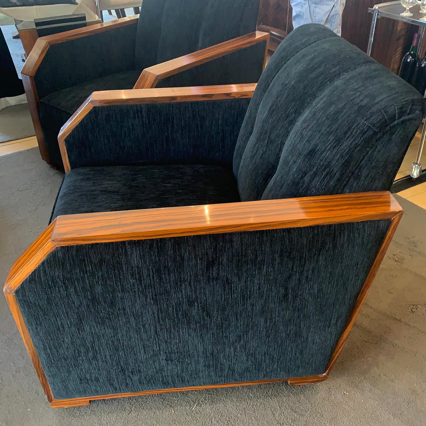 20th Century Pair of Macassar Art Deco Style Black Upholstered Armchairs Chairs For Sale