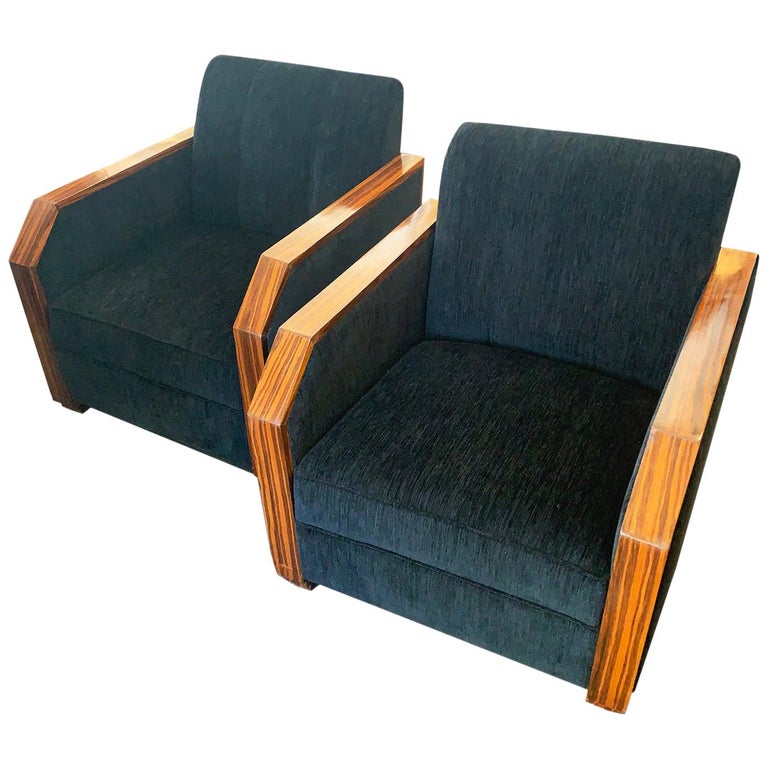 Pair of Macassar Art Deco Style Black Upholstered Armchairs Chairs For Sale