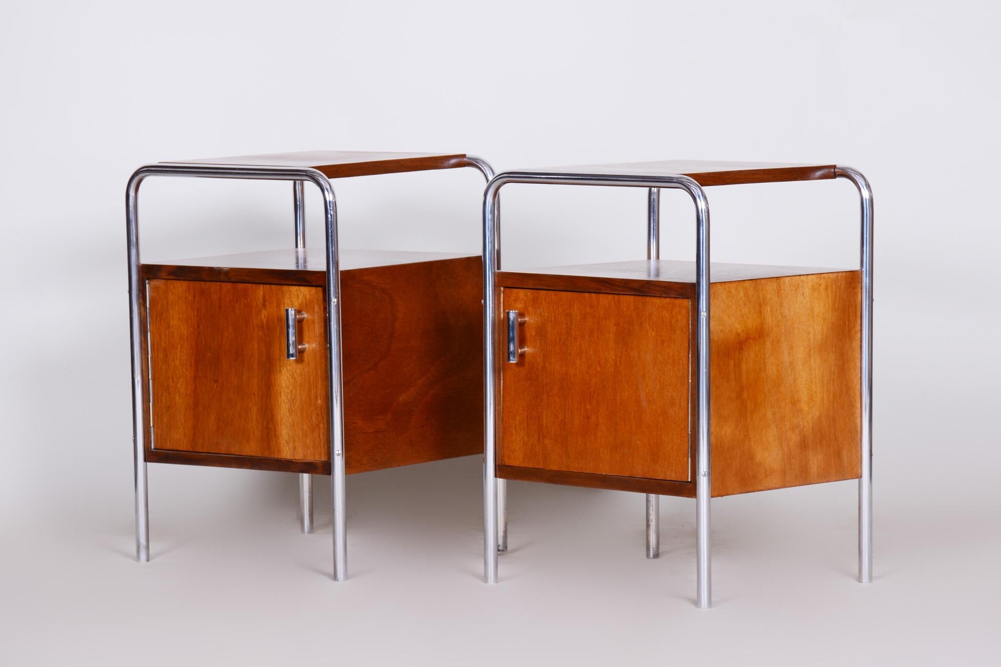 Chrome Pair of Macassar Bauhaus Bed-Side Tables by Robert Slezak, Czechoslovakia, 1930s
