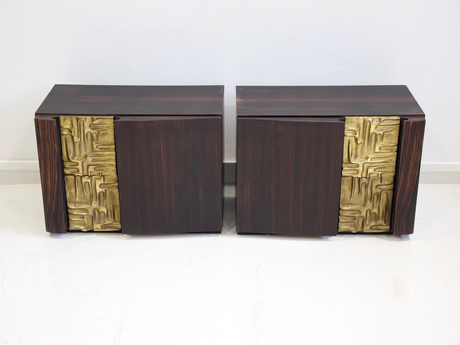 Two credenzas or bedside tables model Cinzia. Made of Macassar ebony with beautiful bronze casting. Produced by Frigerio di Desio, circa 1975.