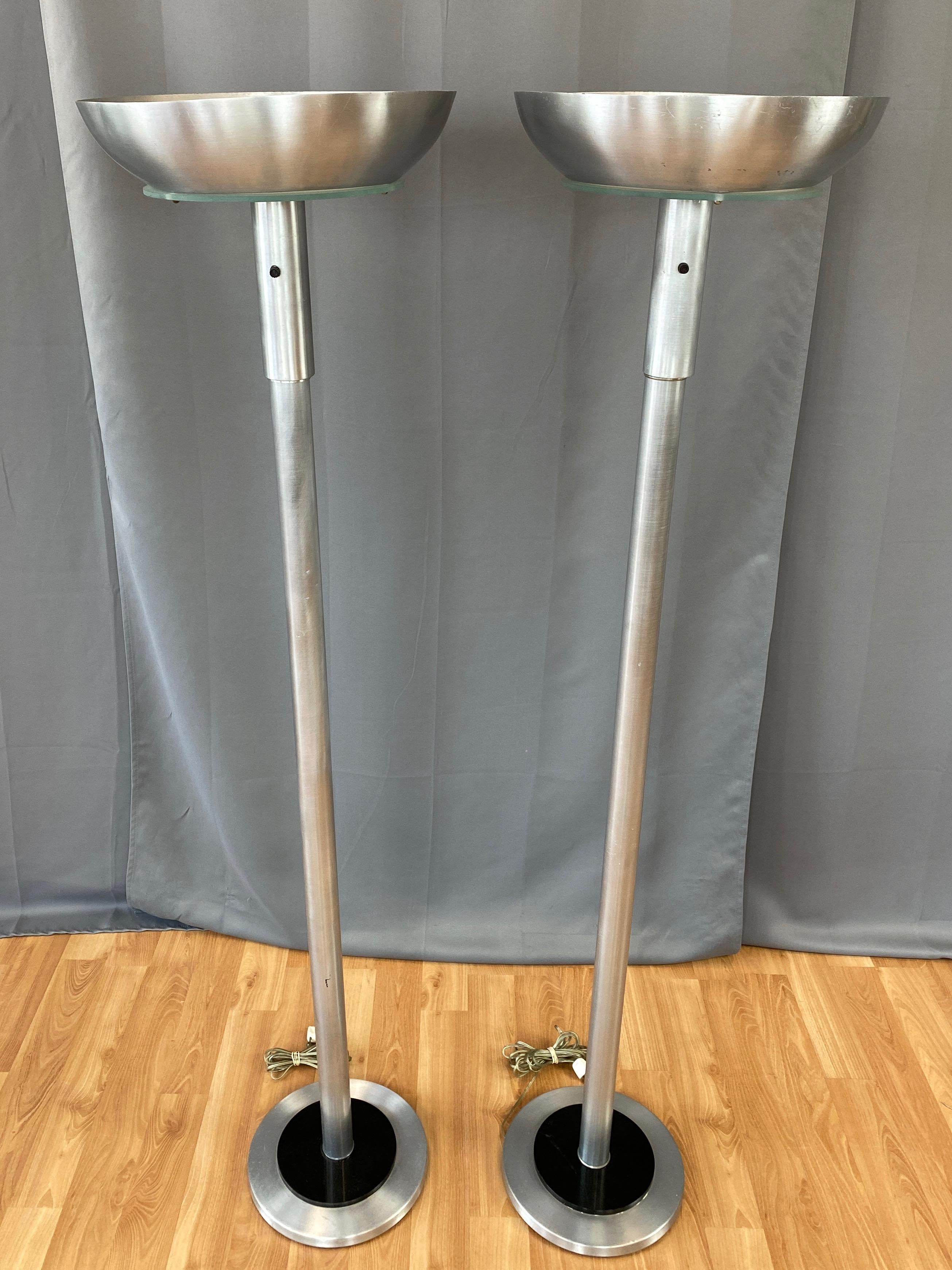 American Pair of Machine Age Aluminum Torchiere Floor Lamps in the Style of Russel Wright For Sale