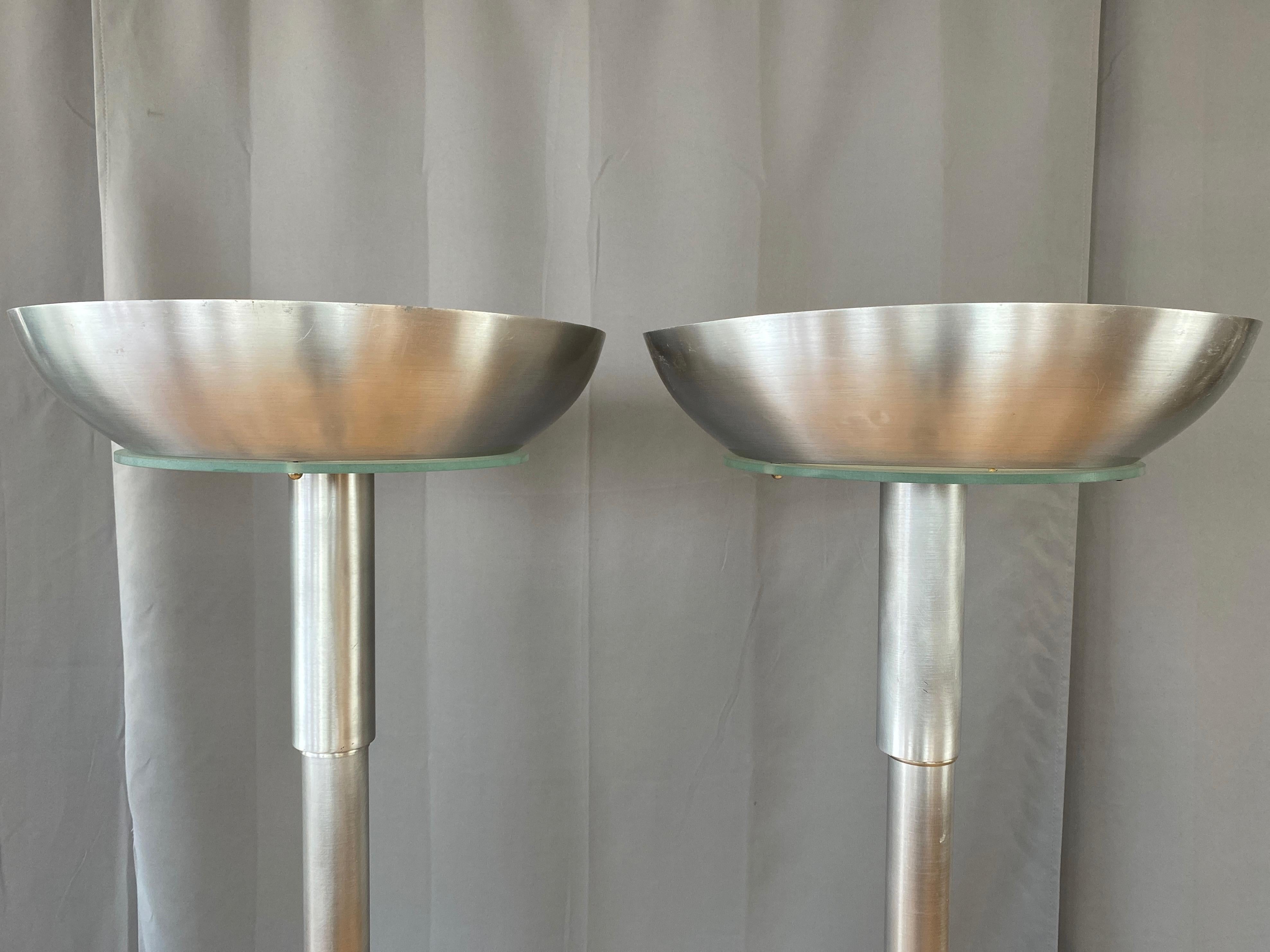 Brushed Pair of Machine Age Aluminum Torchiere Floor Lamps in the Style of Russel Wright For Sale