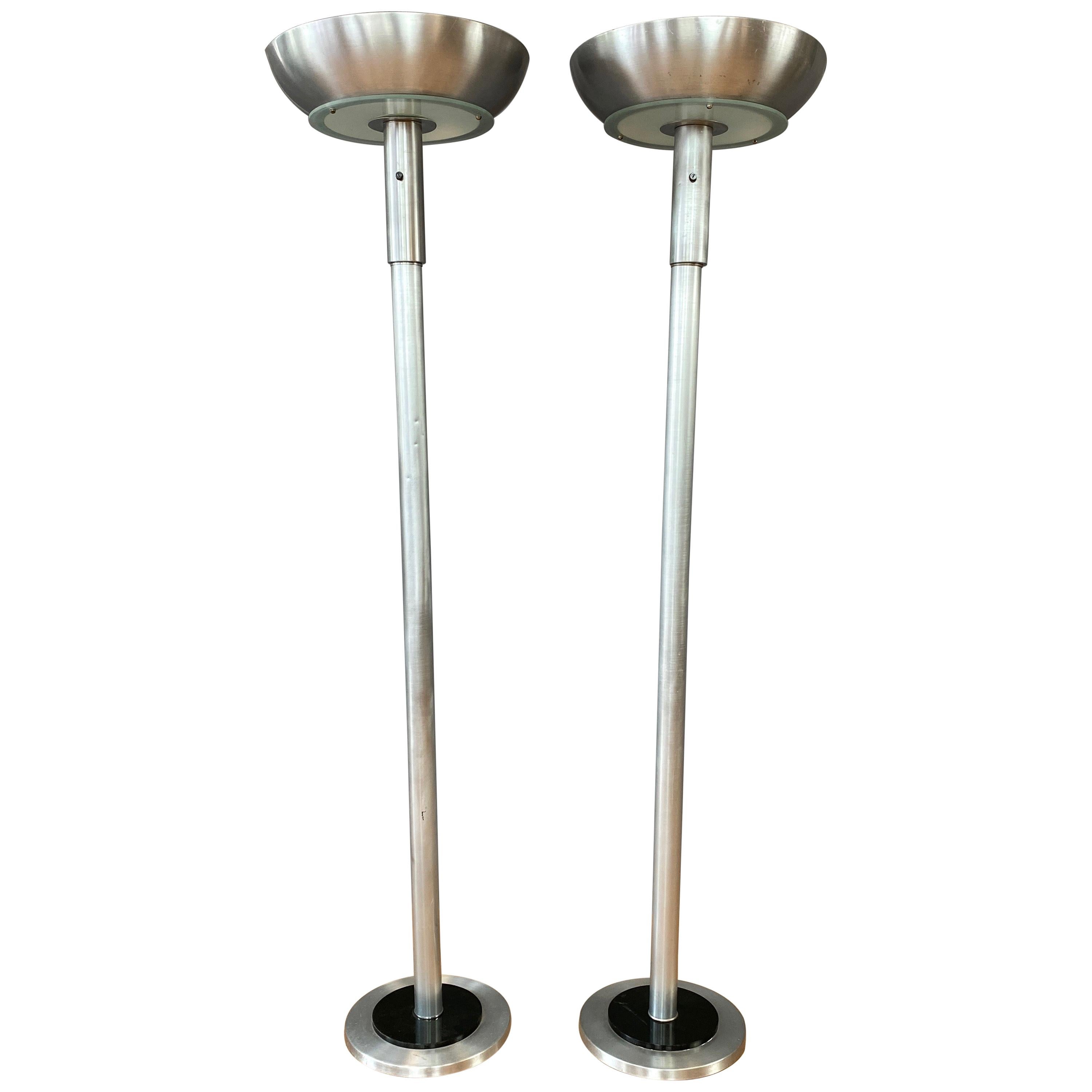 Pair of Machine Age Aluminum Torchiere Floor Lamps in the Style of Russel Wright For Sale