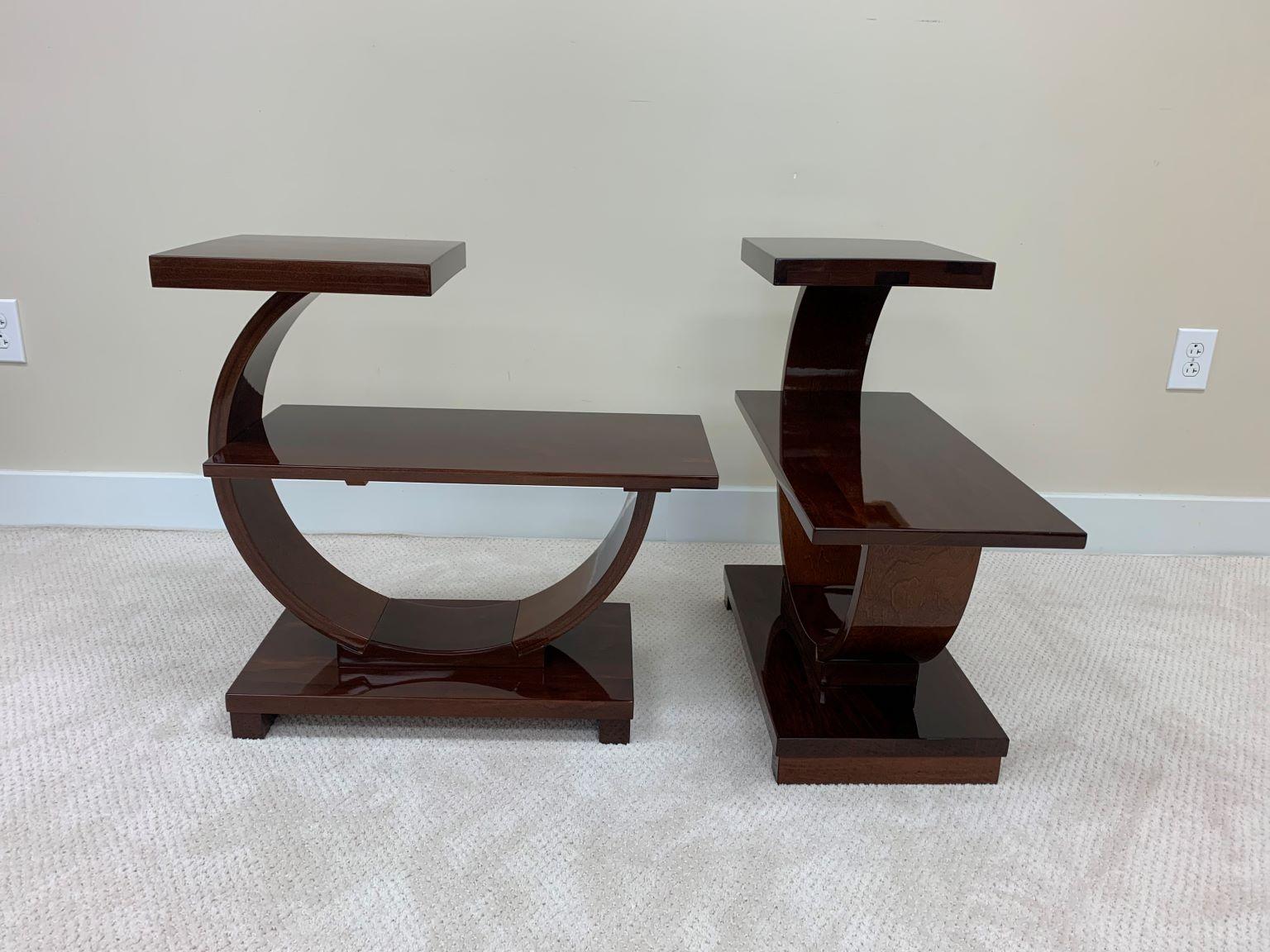 Stained Pair of Machine Age Art Deco Curving End Tables by Modernage Furniture Company
