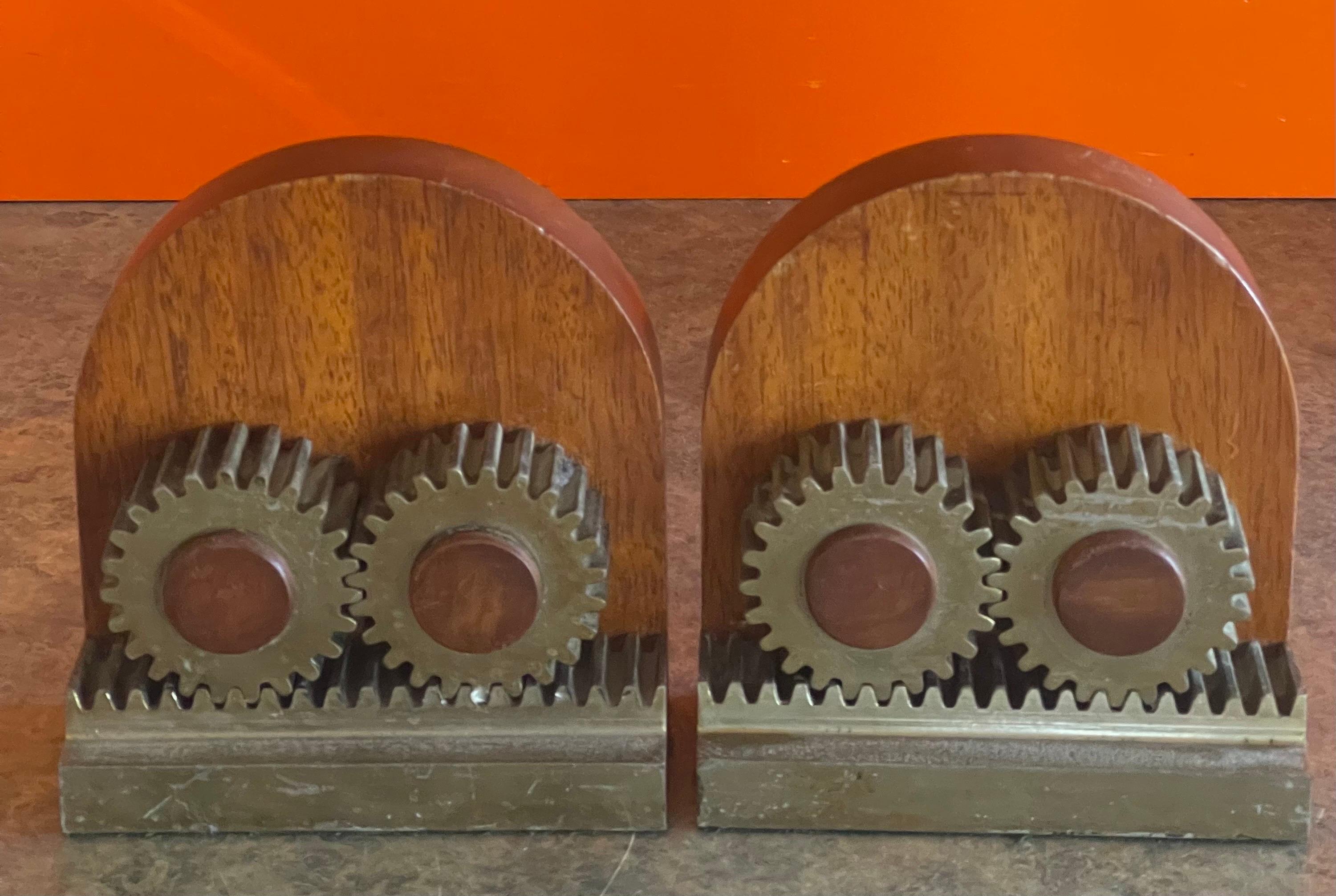 Brass Pair of Machine Age Art Deco Gear Bookends 