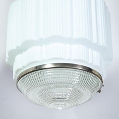 Pair of Machine Age Art Deco Skyscraper Milk Glass Pendants with Nickel Fittings