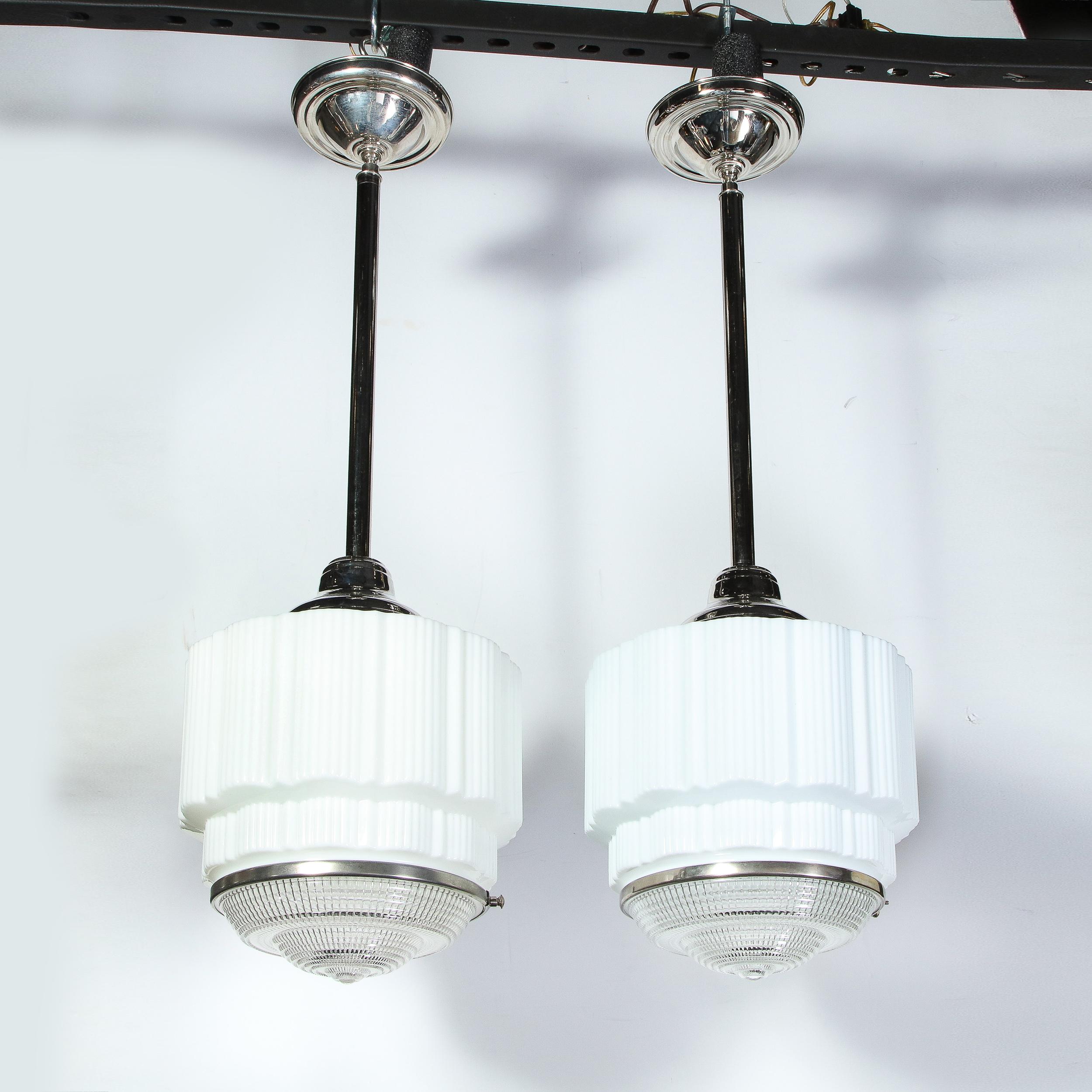 Pair of Machine Age Art Deco Skyscraper Milk Glass Pendants with Nickel Fittings In Excellent Condition In New York, NY