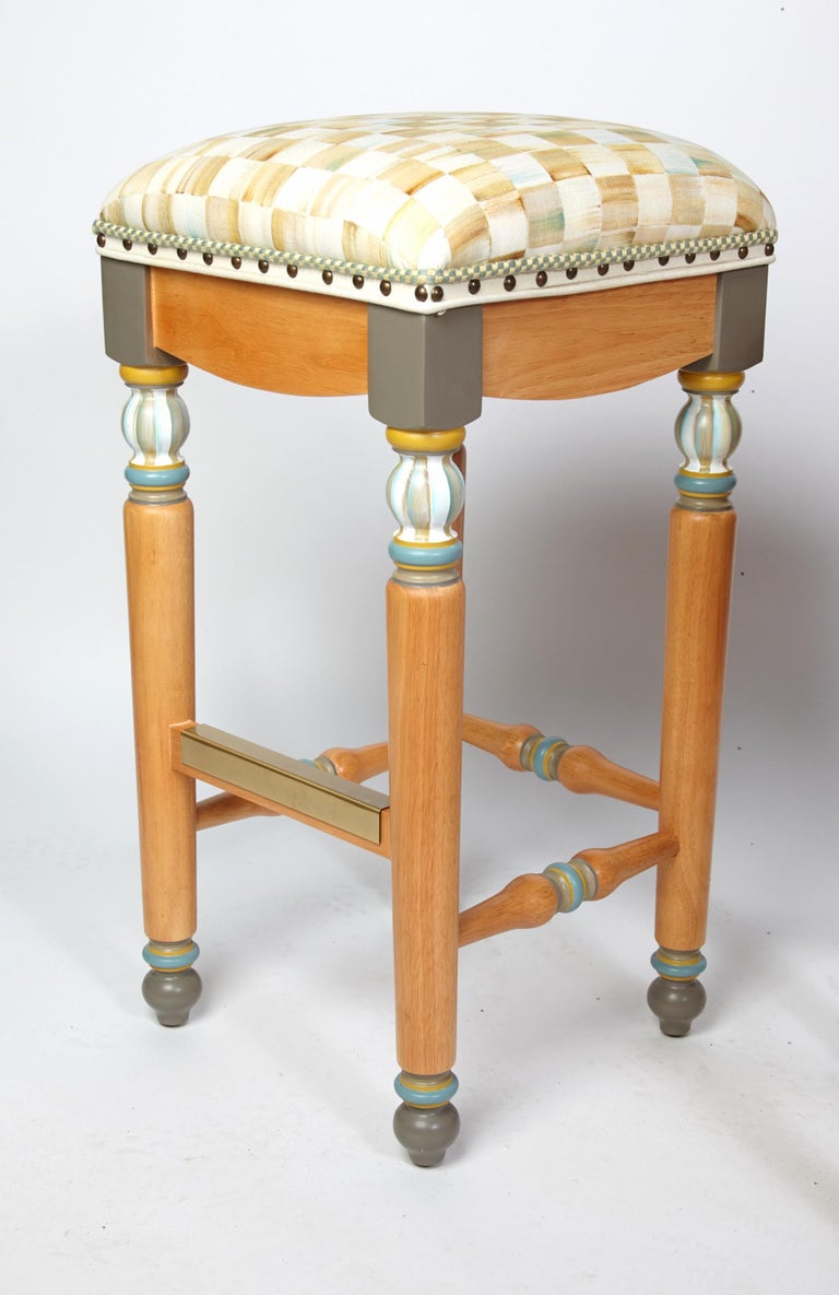 Pair of Mackenzie Childs Painted Upholstered Stools For Sale at 1stDibs