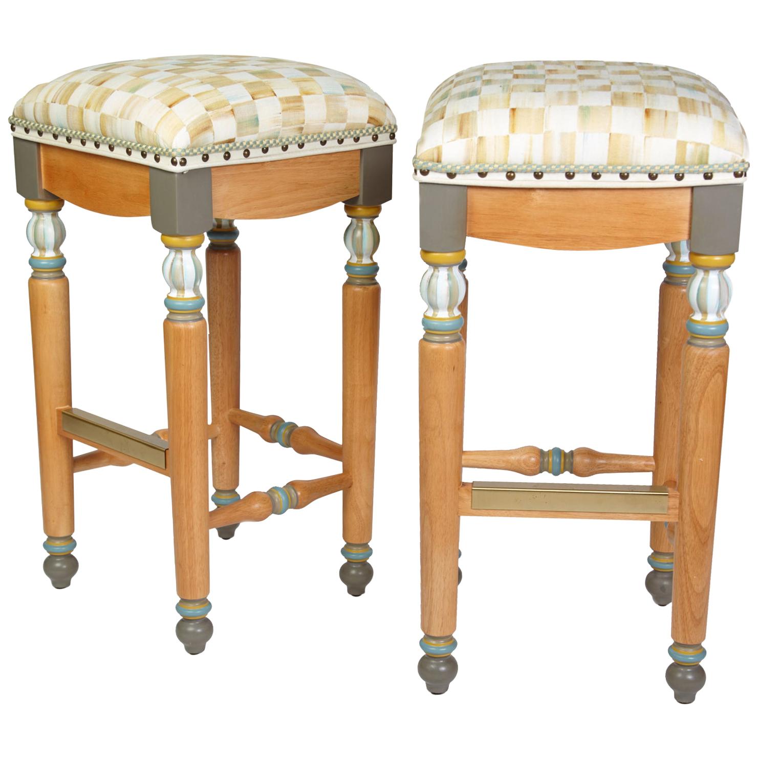 Pair of Mackenzie Childs Painted Upholstered Stools For Sale