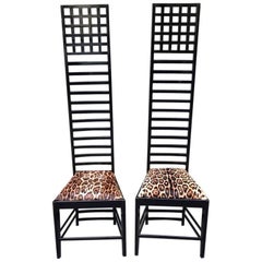 Pair of Mackintosh High Back Chairs with Printed Fur Seat, 1980s