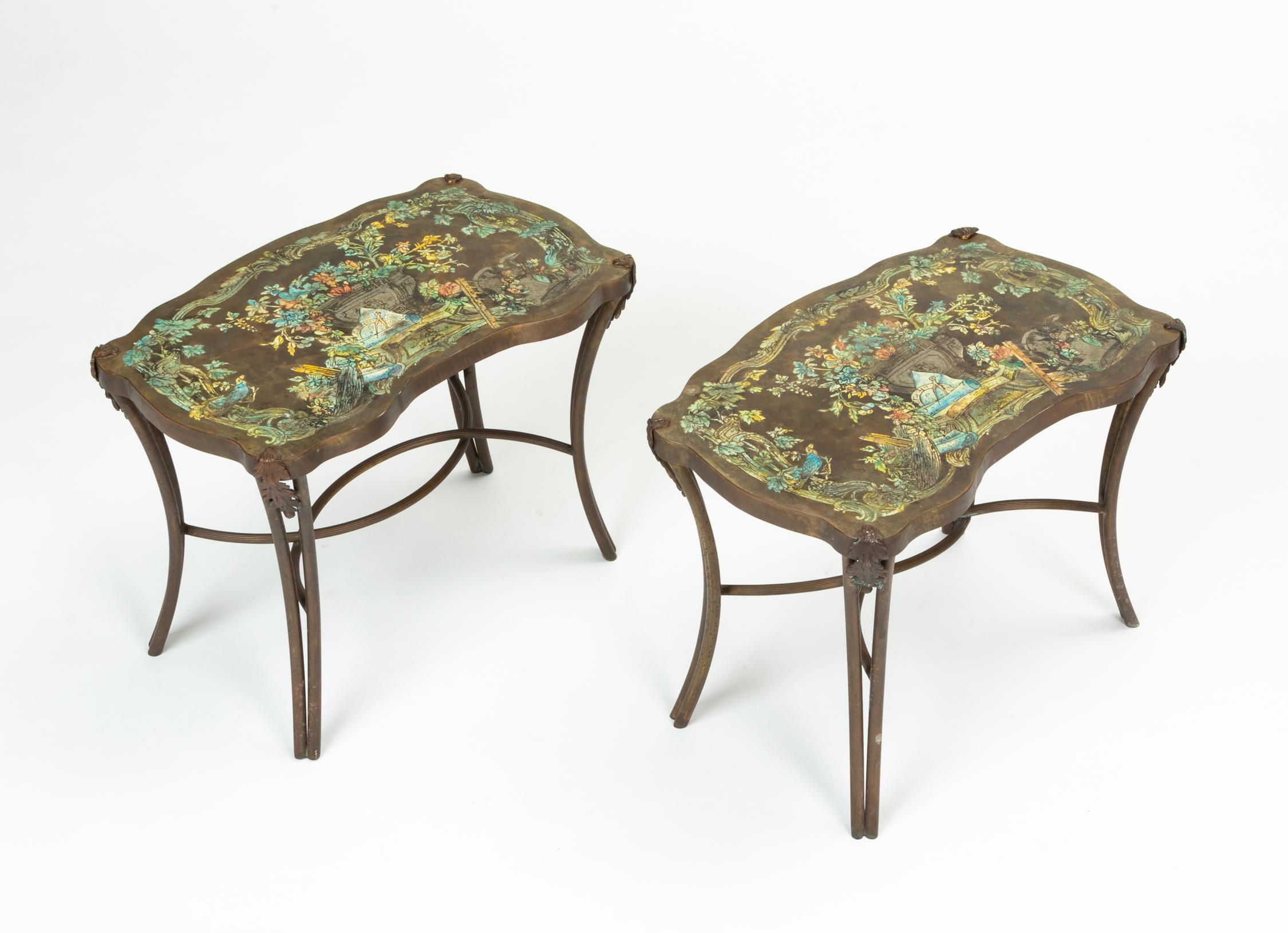 A pair of highly collectible bronze side tables from the “Madame Pompadour” line by Philip and Kelvin LaVerne. Using an involved process perfected through painstaking library research over a six year span, the Kelvins, a father and son duo, began