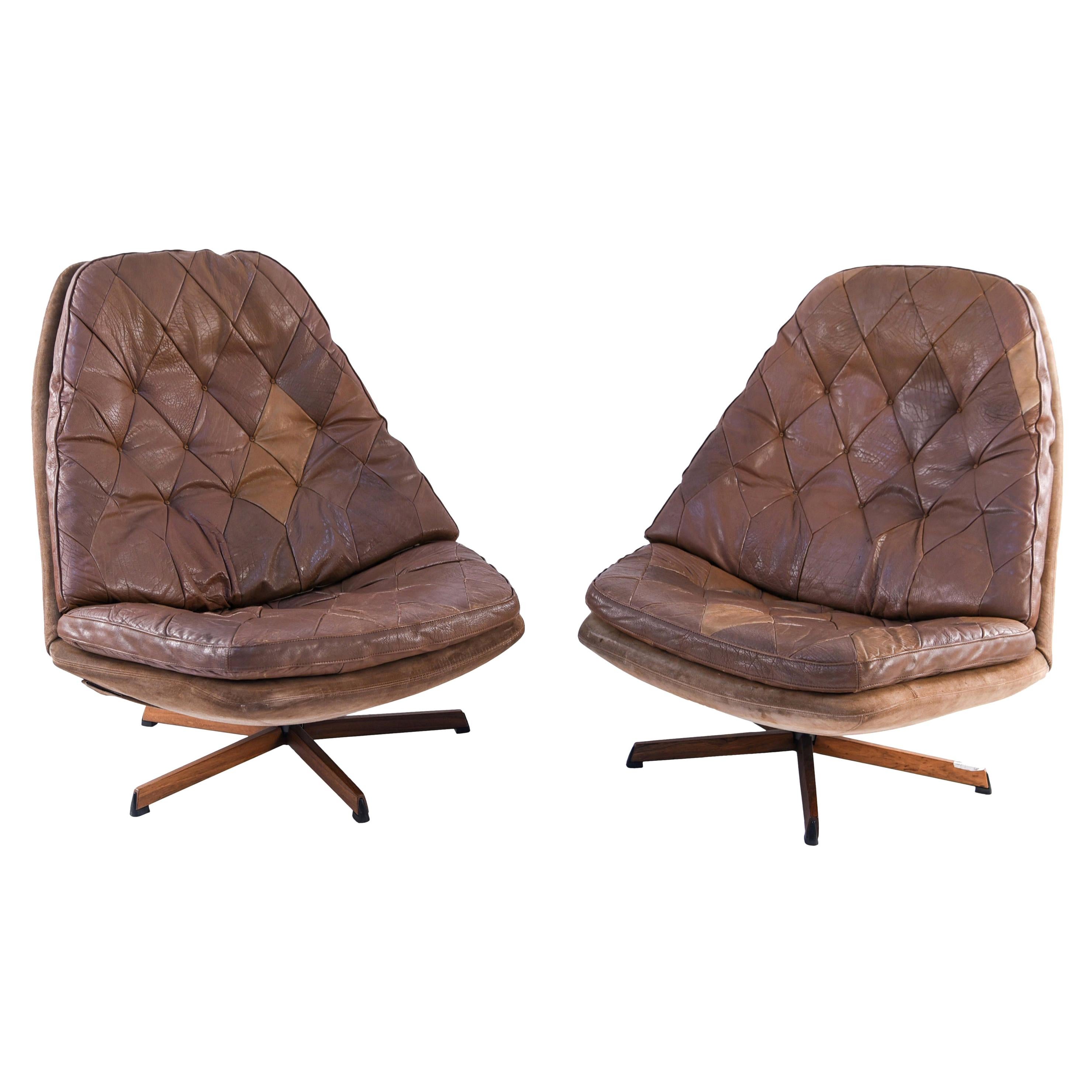 Pair of Madsen and Schubell Leather Upholstered Danish Swivel Chairs
