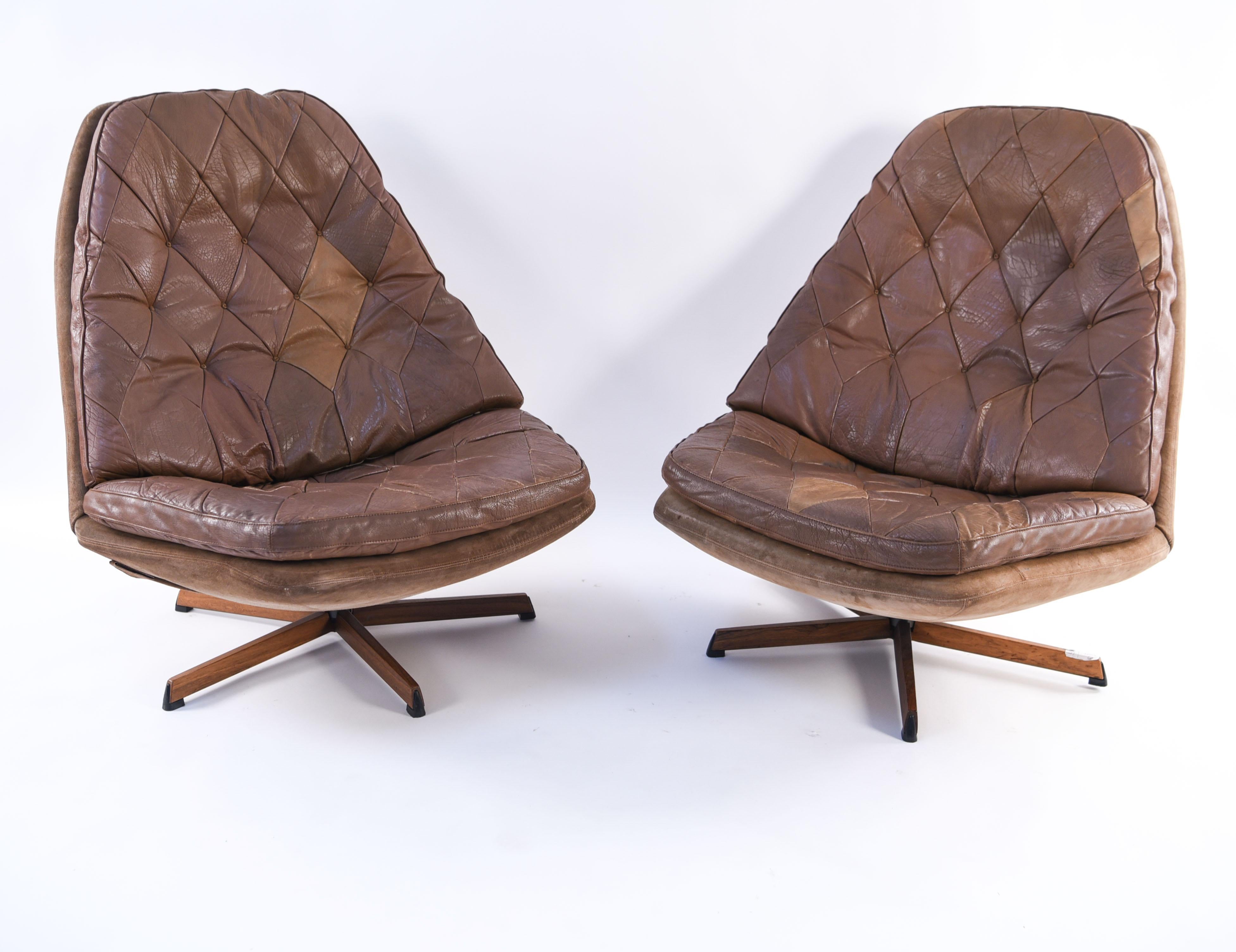 Pair of Madsen and Schubell Leather Upholstered Danish Swivel Chairs 2