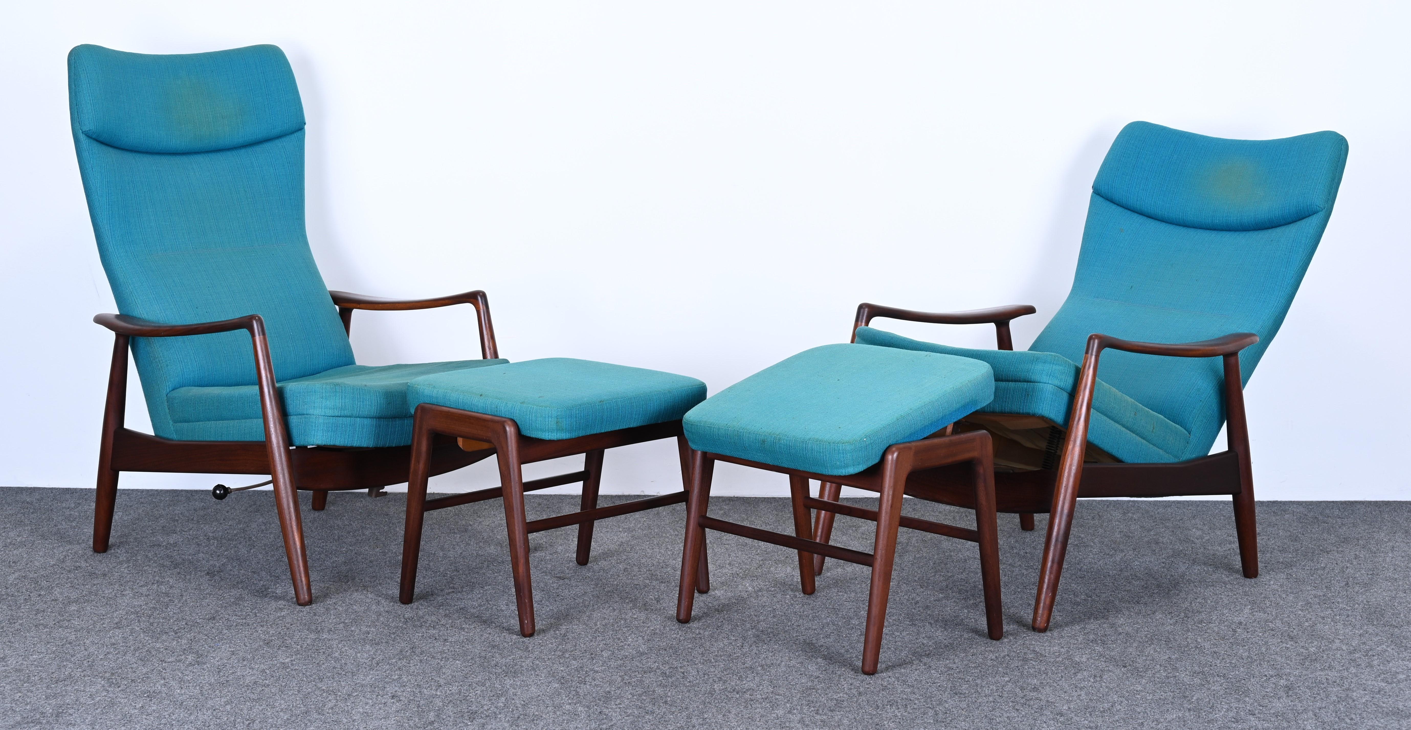 A Mid-Century Modern pair of reclining lounge chairs and ottomans for TOVE, Denmark. The chairs and ottomans recline and tilt. They would look great in a Mid Century Modern or contemporary interior. The teak wood is in very good condition. The