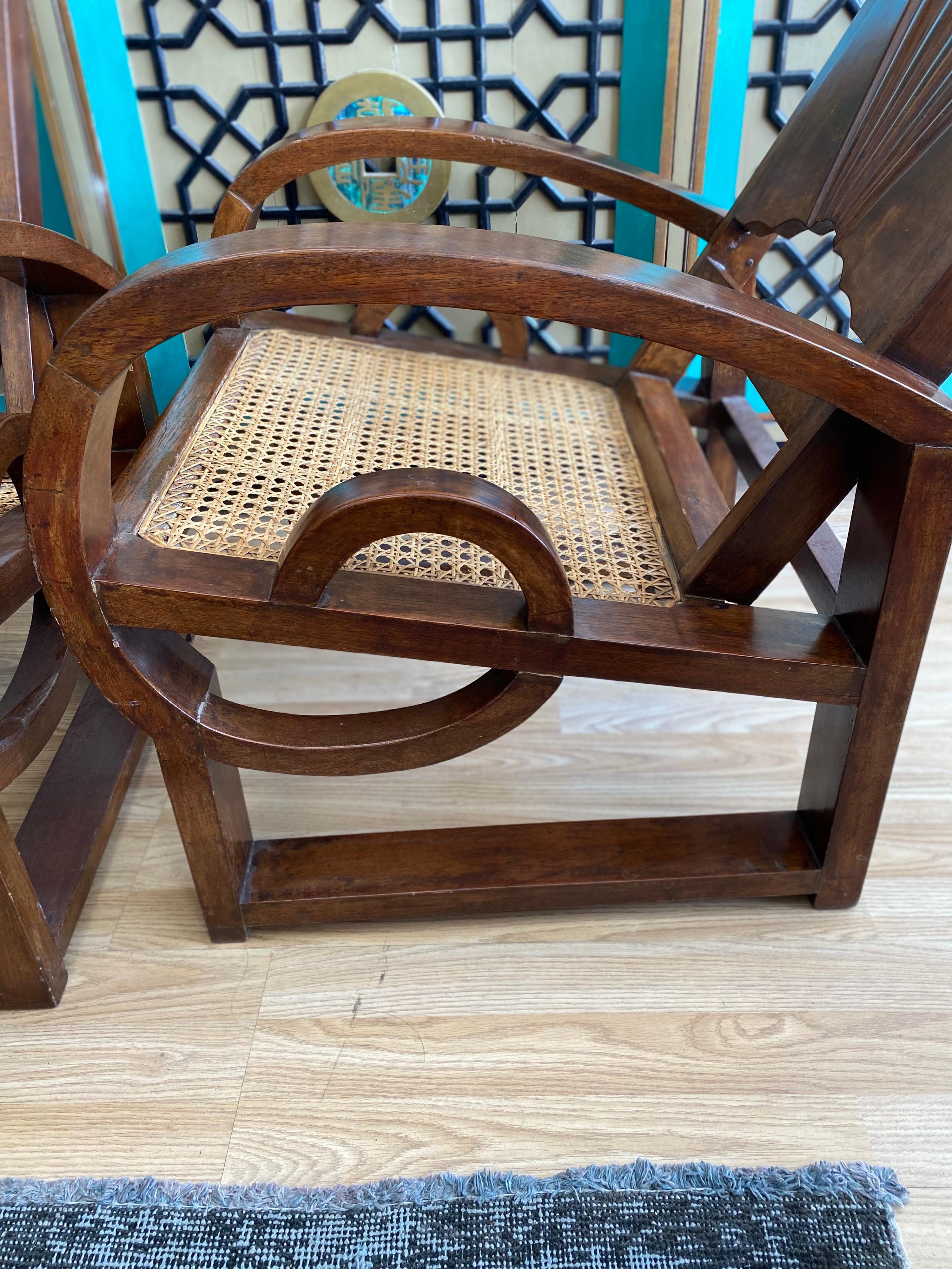 Pair of Madura Indonesian Teak Side Chairs with Rattan Seats In Good Condition In San Antonio, TX