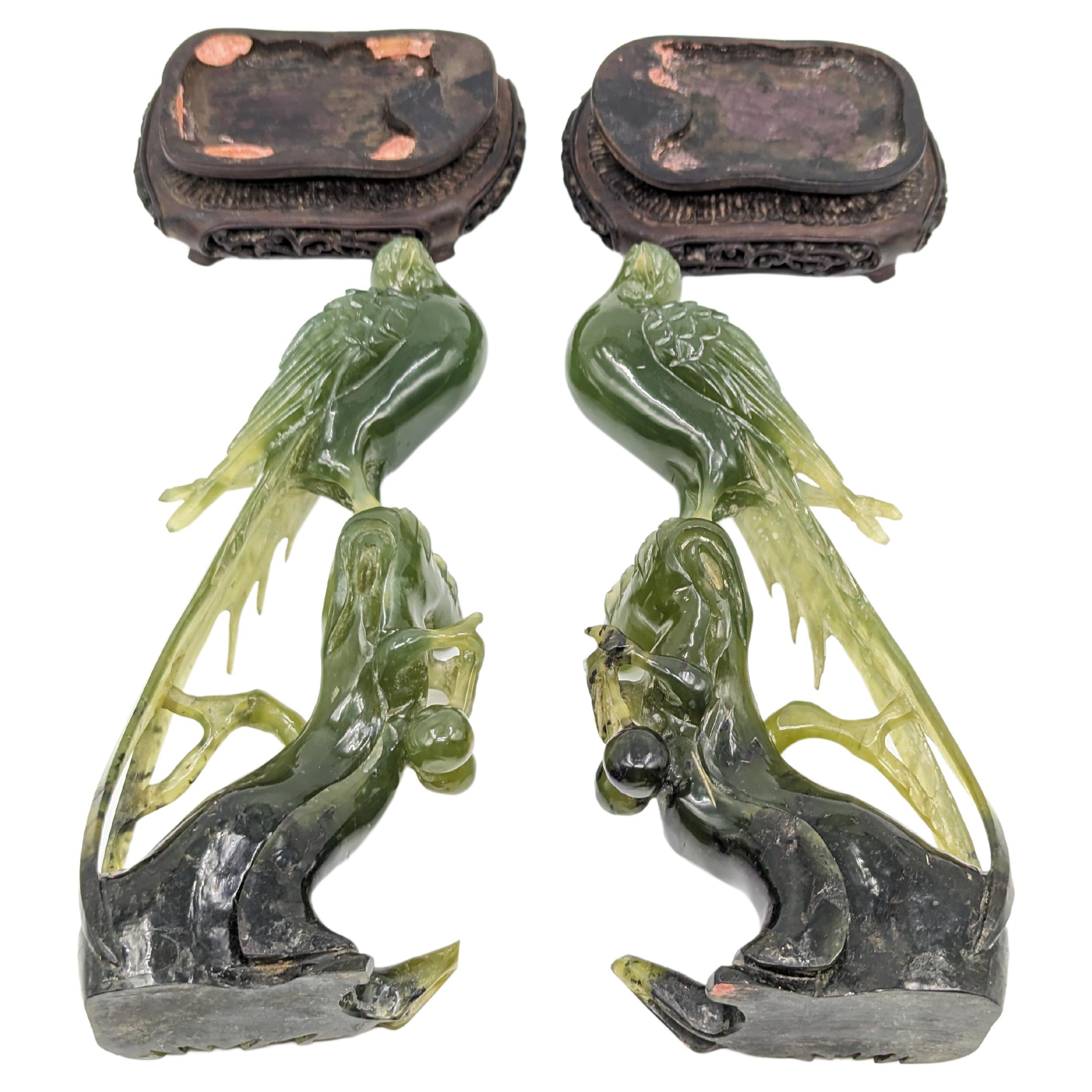 Pair of Magnificat Chinese Carved Jade Birds Of Prey On Wood Stands Early 20c  5