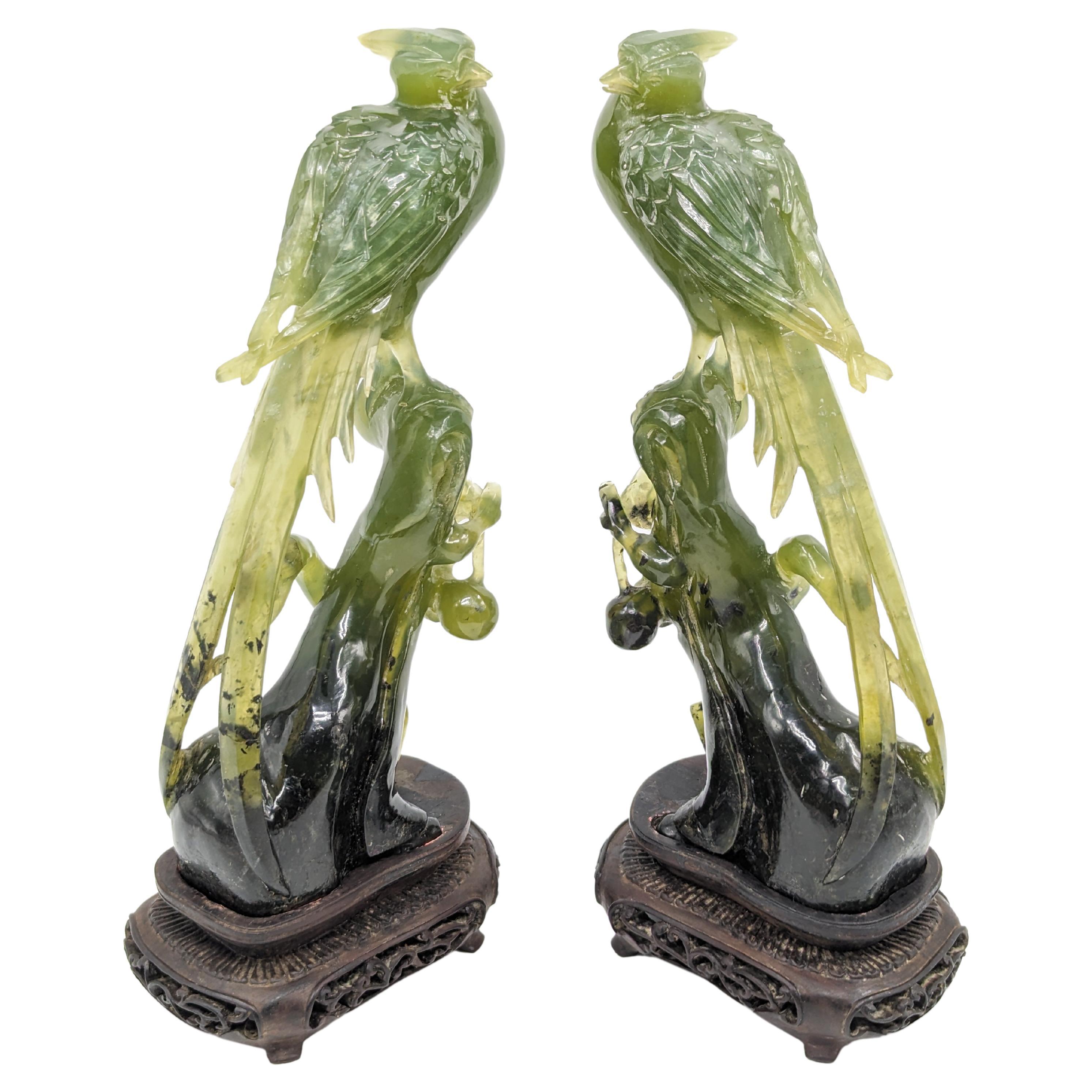 Chinese Export Pair of Magnificat Chinese Carved Jade Birds Of Prey On Wood Stands Early 20c 