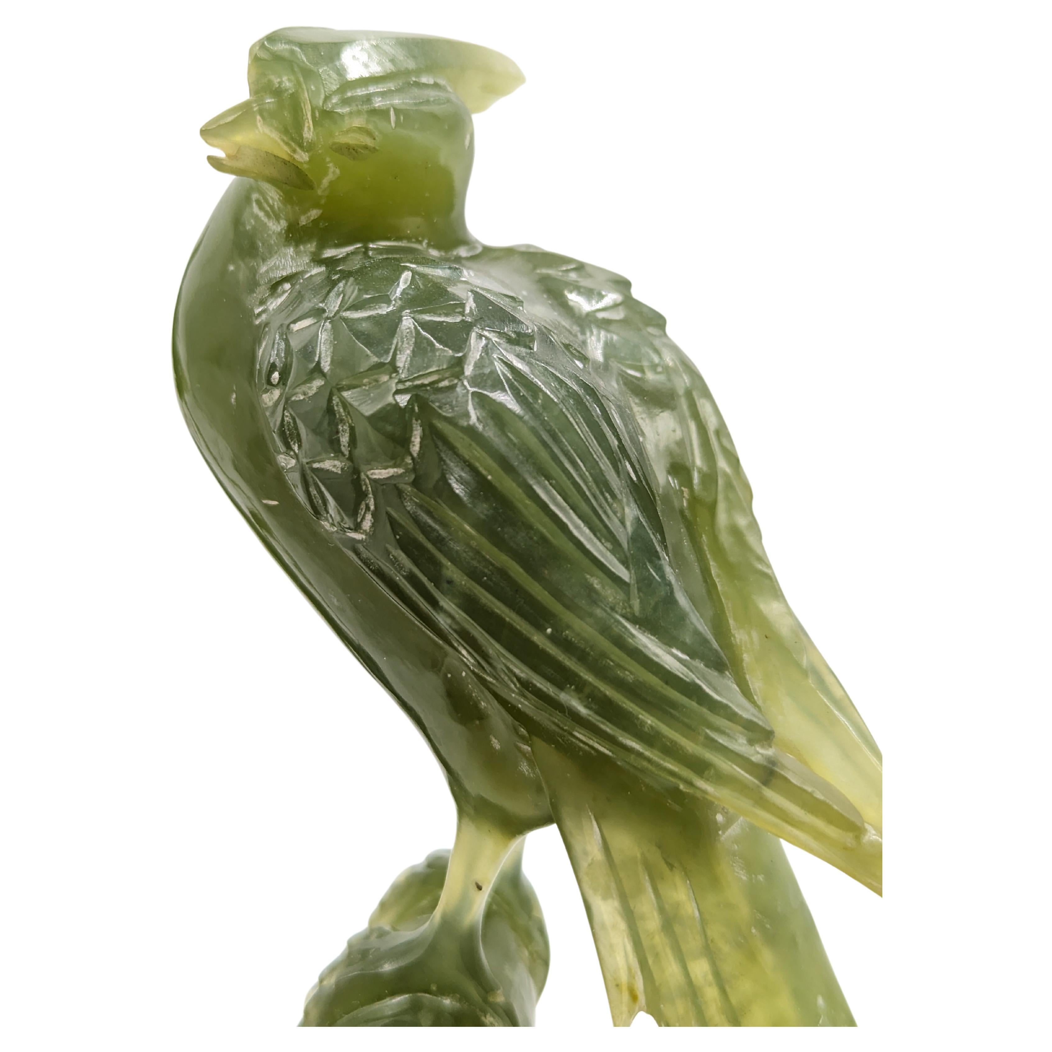 20th Century Pair of Magnificat Chinese Carved Jade Birds Of Prey On Wood Stands Early 20c 