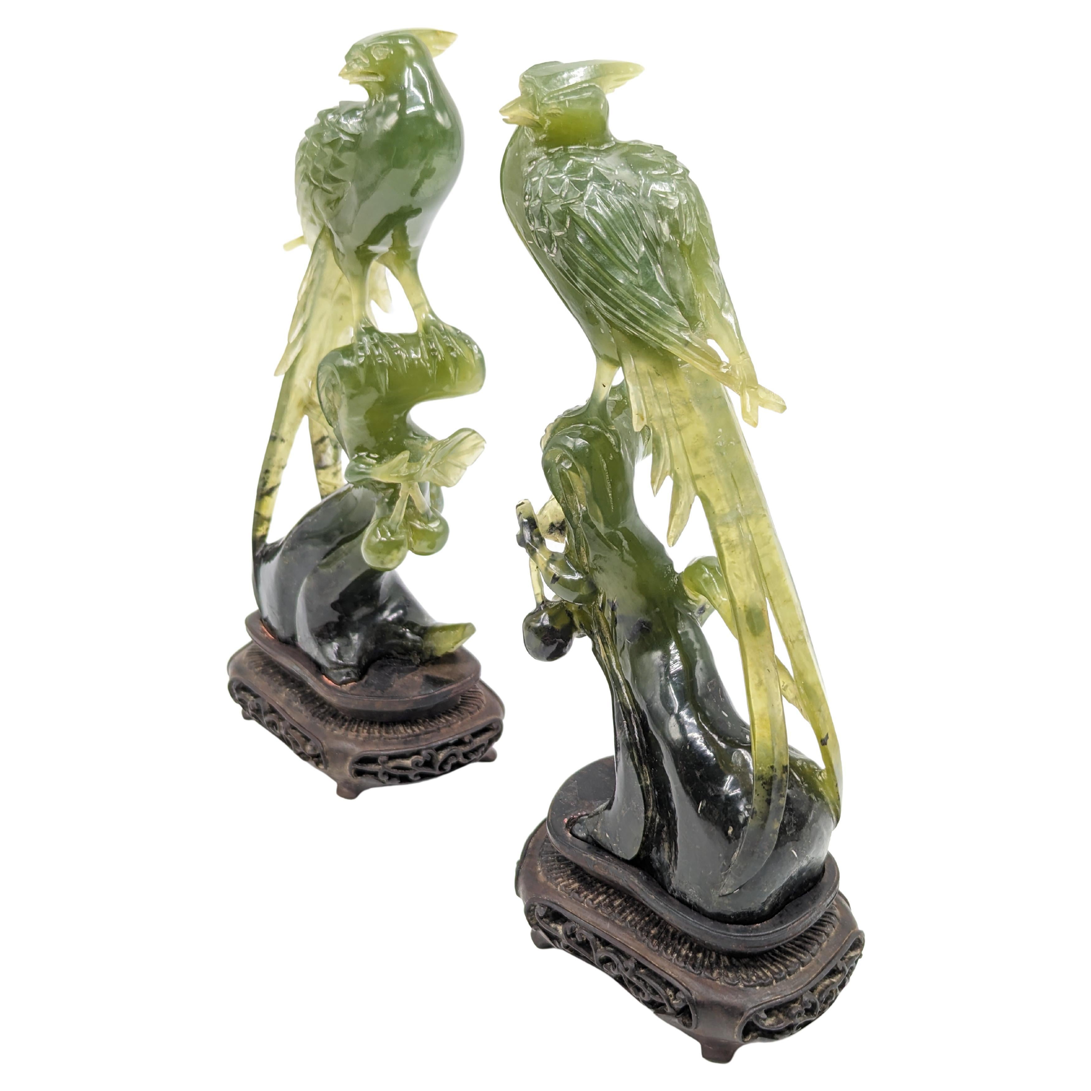 Pair of Magnificat Chinese Carved Jade Birds Of Prey On Wood Stands Early 20c  2