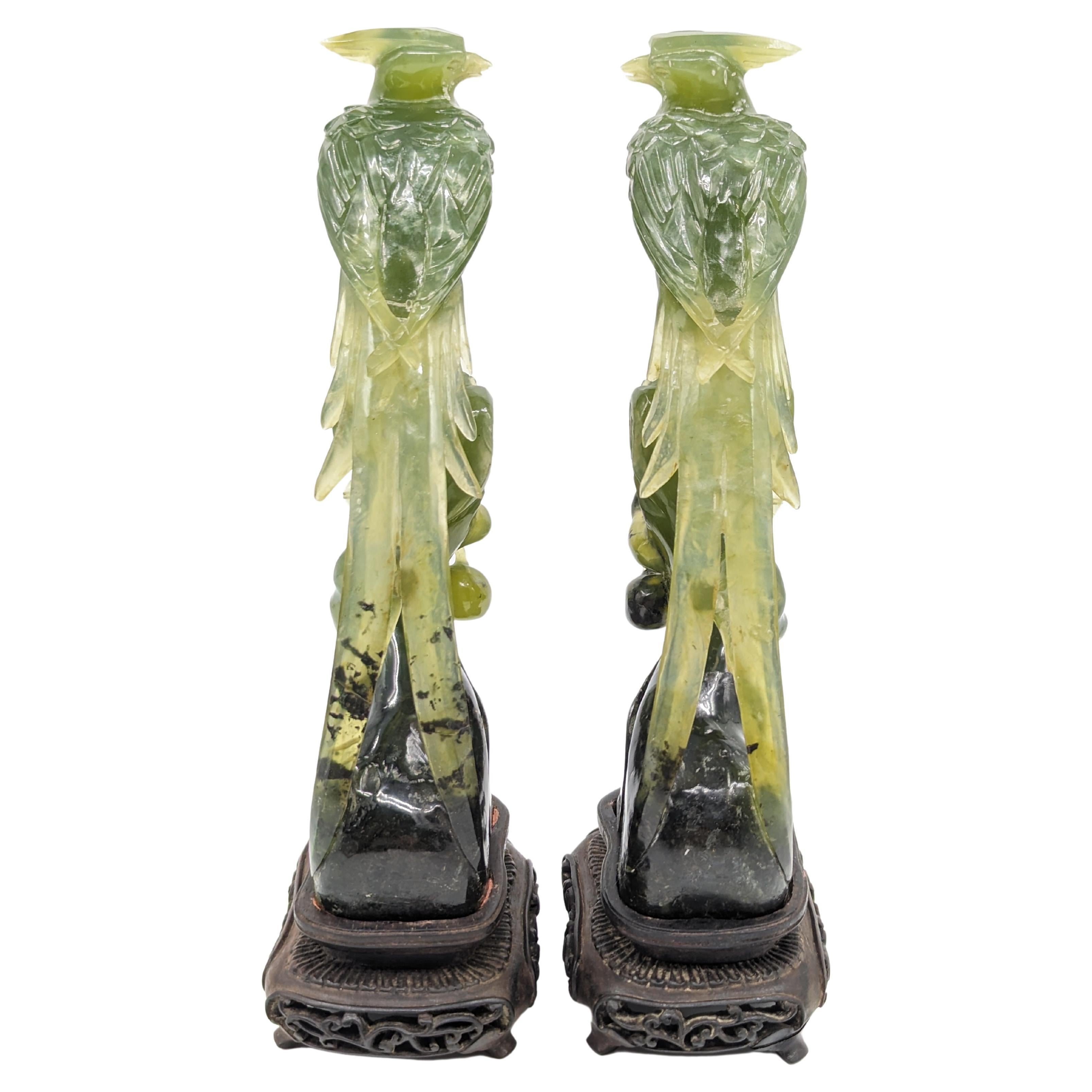 Pair of Magnificat Chinese Carved Jade Birds Of Prey On Wood Stands Early 20c  3