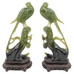Antique Pair of Magnificat Chinese Carved Jade Birds Of Prey On Wood Stands Early 20c 