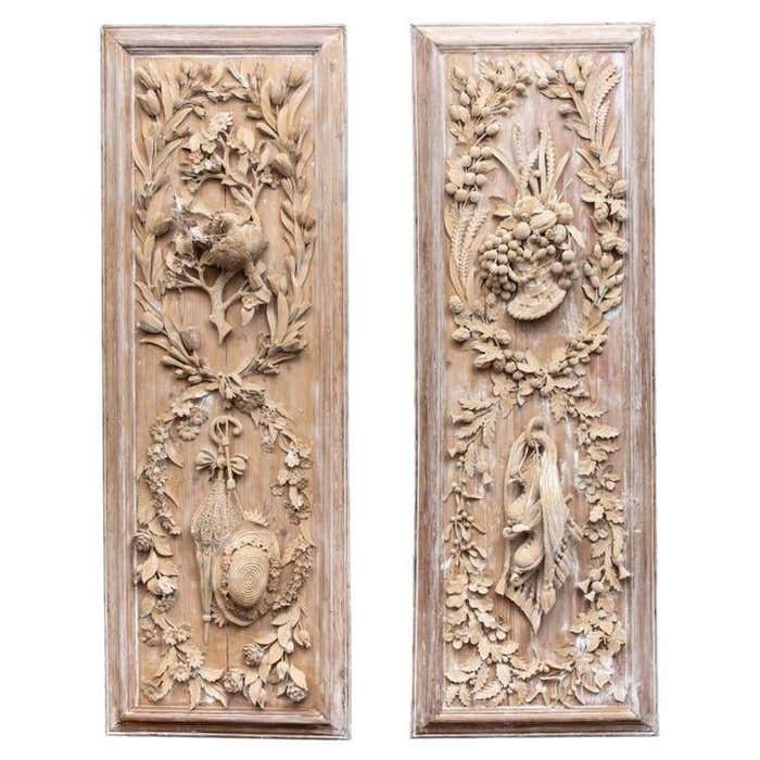 Pair of Magnificent Antique French Carved Wood Panels Depicting the