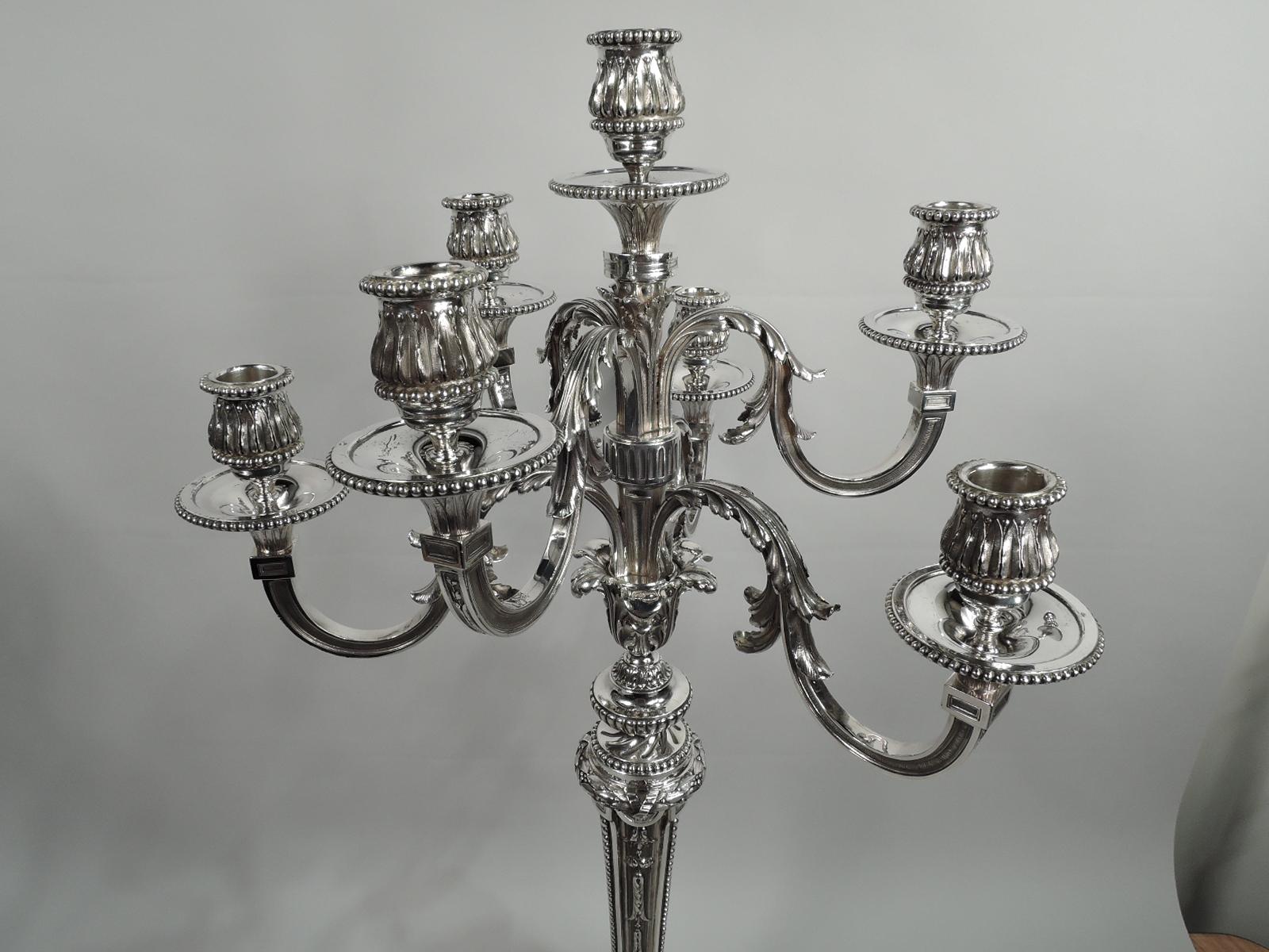 Neoclassical Revival Pair of Magnificent French Neoclassical Silver 7-Light Candelabra For Sale