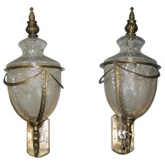 Vintage Pair of Magnificent Handcut Crystal Glass and Solid Brass Wall Sconce