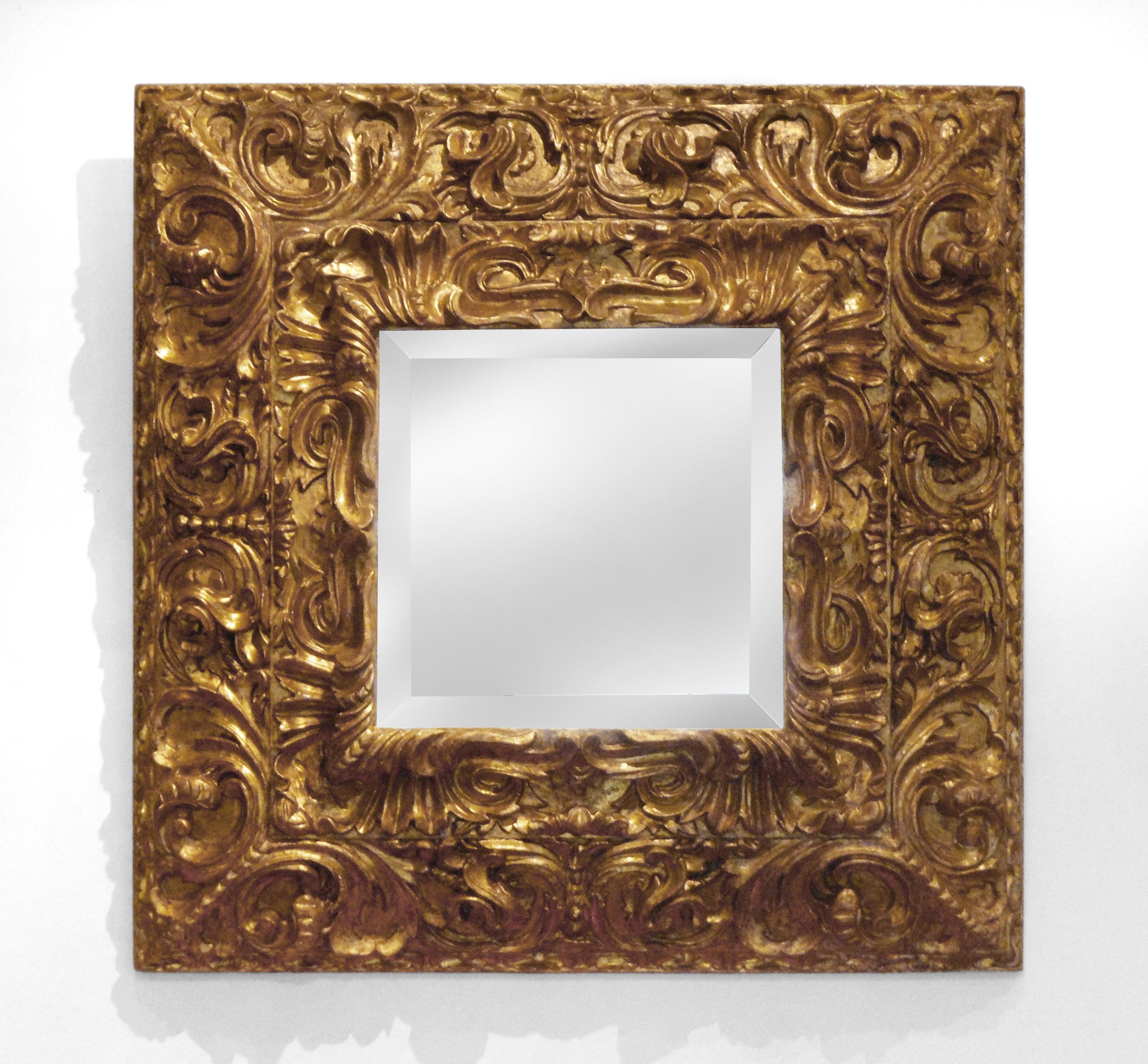 Pair of magnificent Spanish Baroque giltwood mirrors
Early 18th century
These extraordinary carved mirror frames virtually define the Baroque esthetic; exhibiting a mastery of energetic movement and animated vision. Each with a later beveled