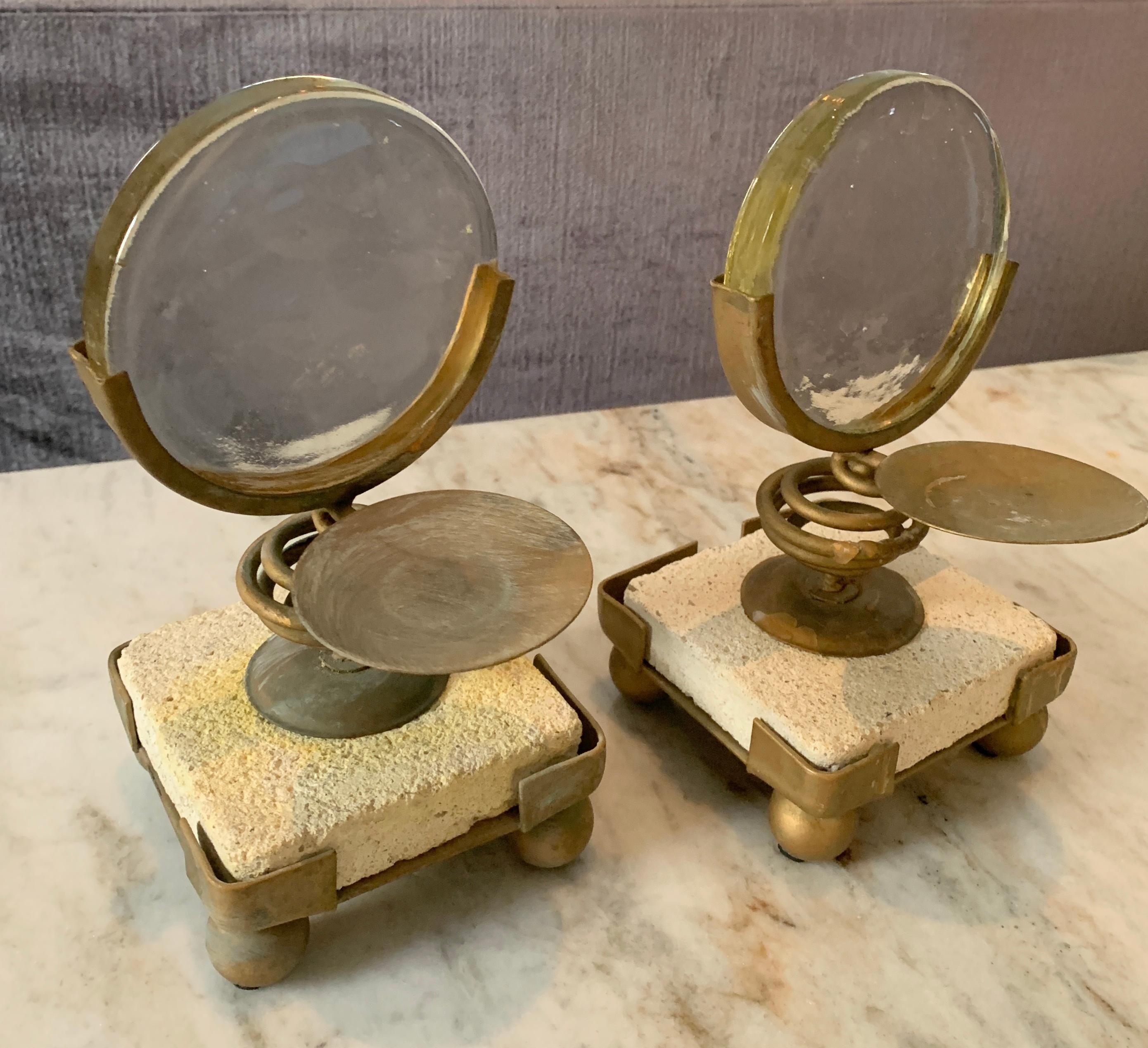 Pair of Magnifying Candleholders on Stone and Metal Stand For Sale 2