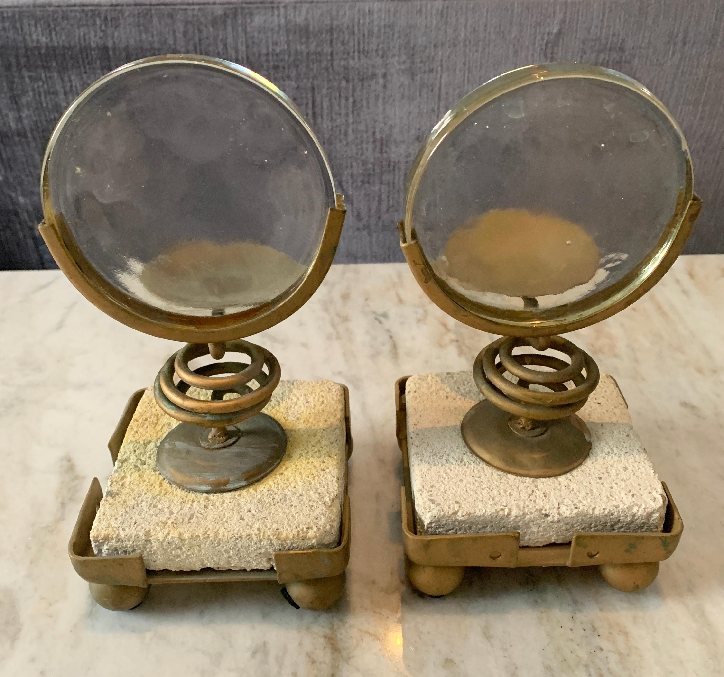 Folk Art Pair of Magnifying Candleholders on Stone and Metal Stand For Sale