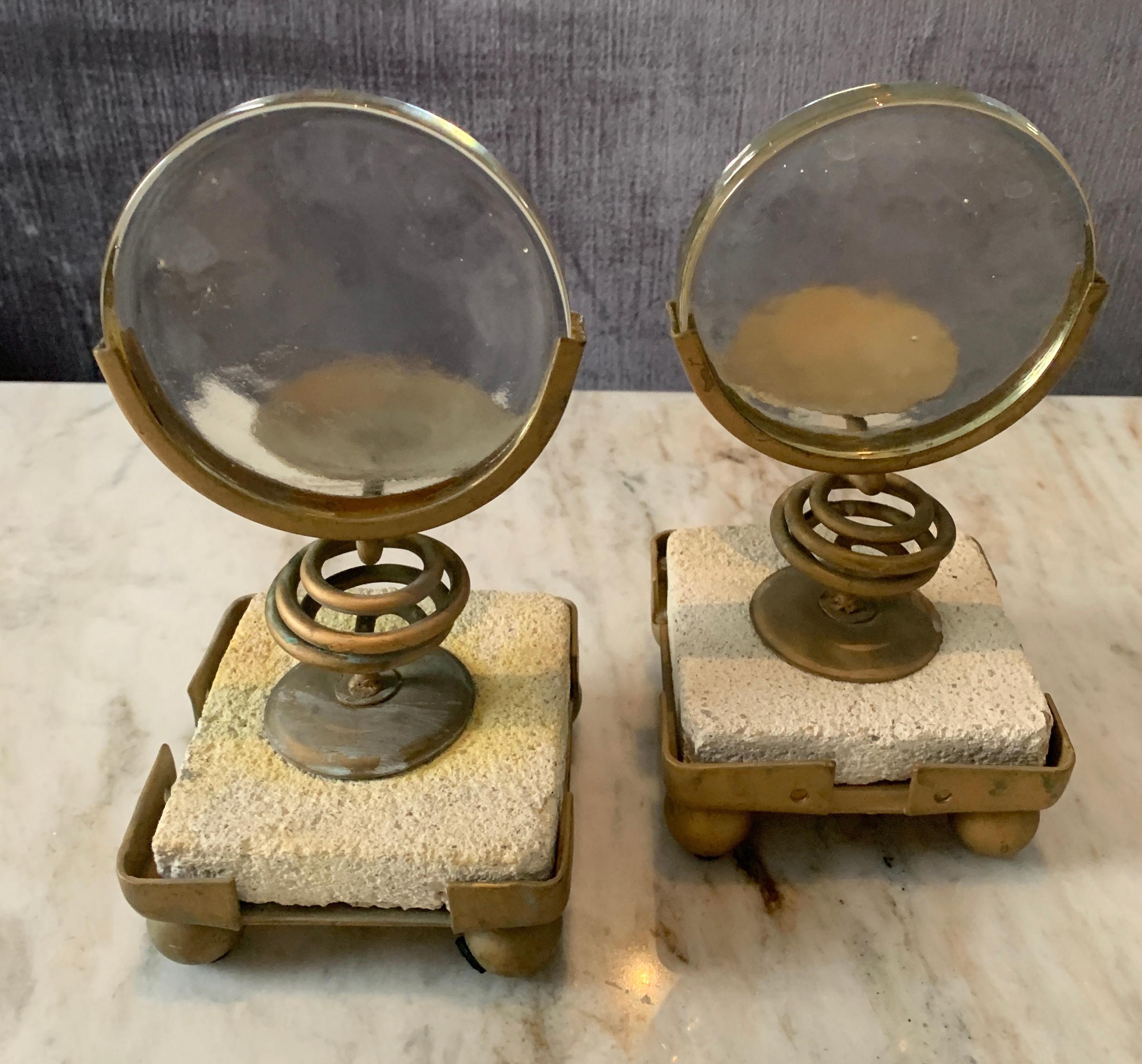 Pair of Magnifying Candleholders on Stone and Metal Stand In Good Condition For Sale In Los Angeles, CA