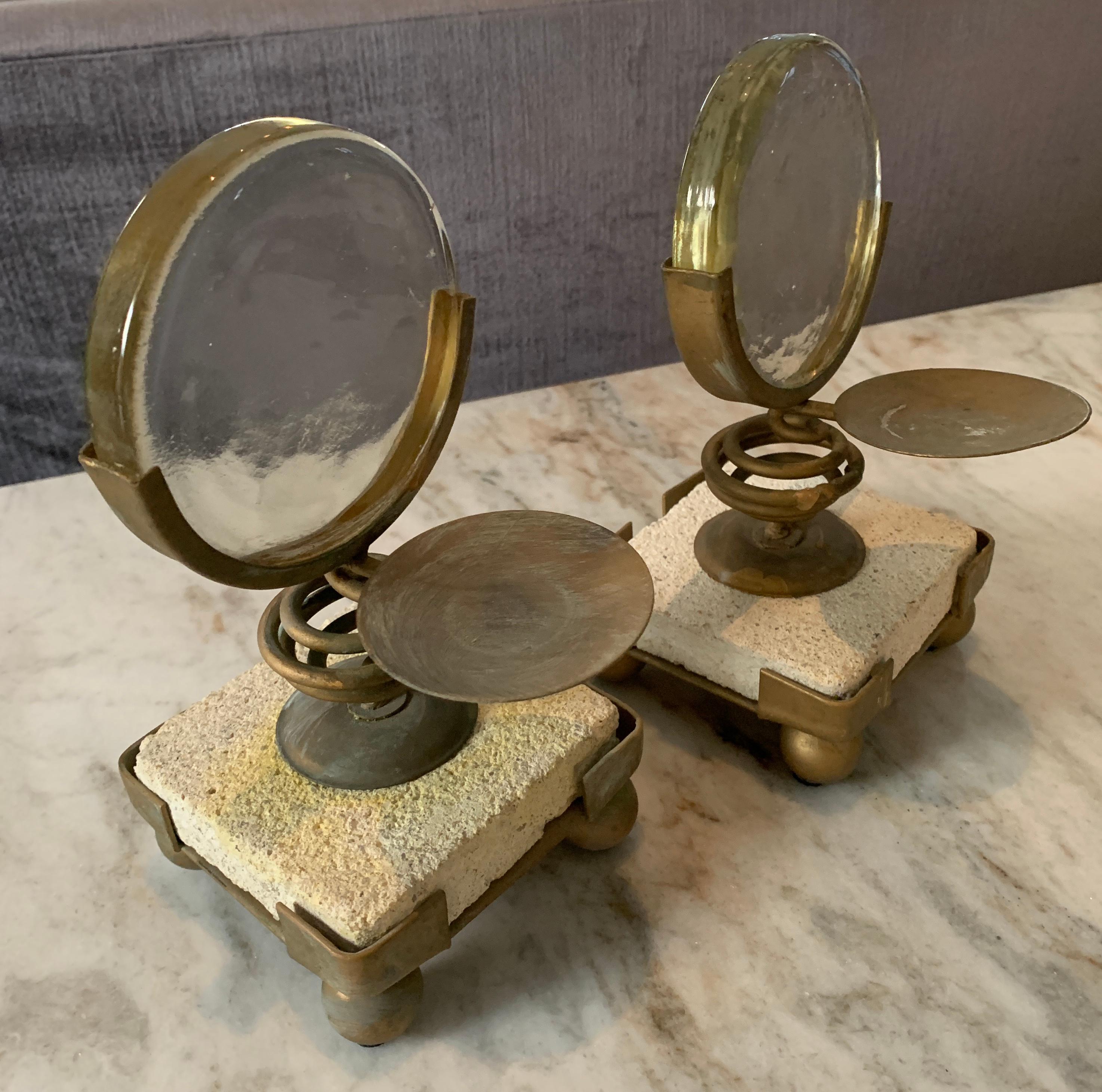 Pair of Magnifying Candleholders on Stone and Metal Stand For Sale 1