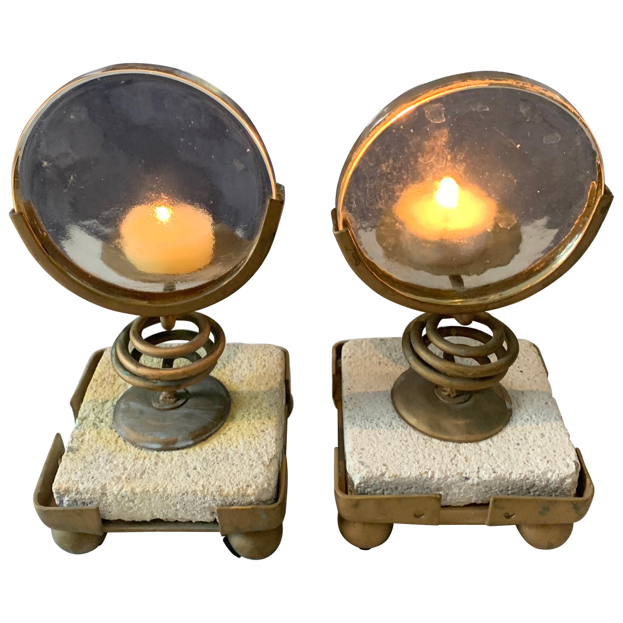 Pair of Magnifying Candleholders on Stone and Metal Stand For Sale